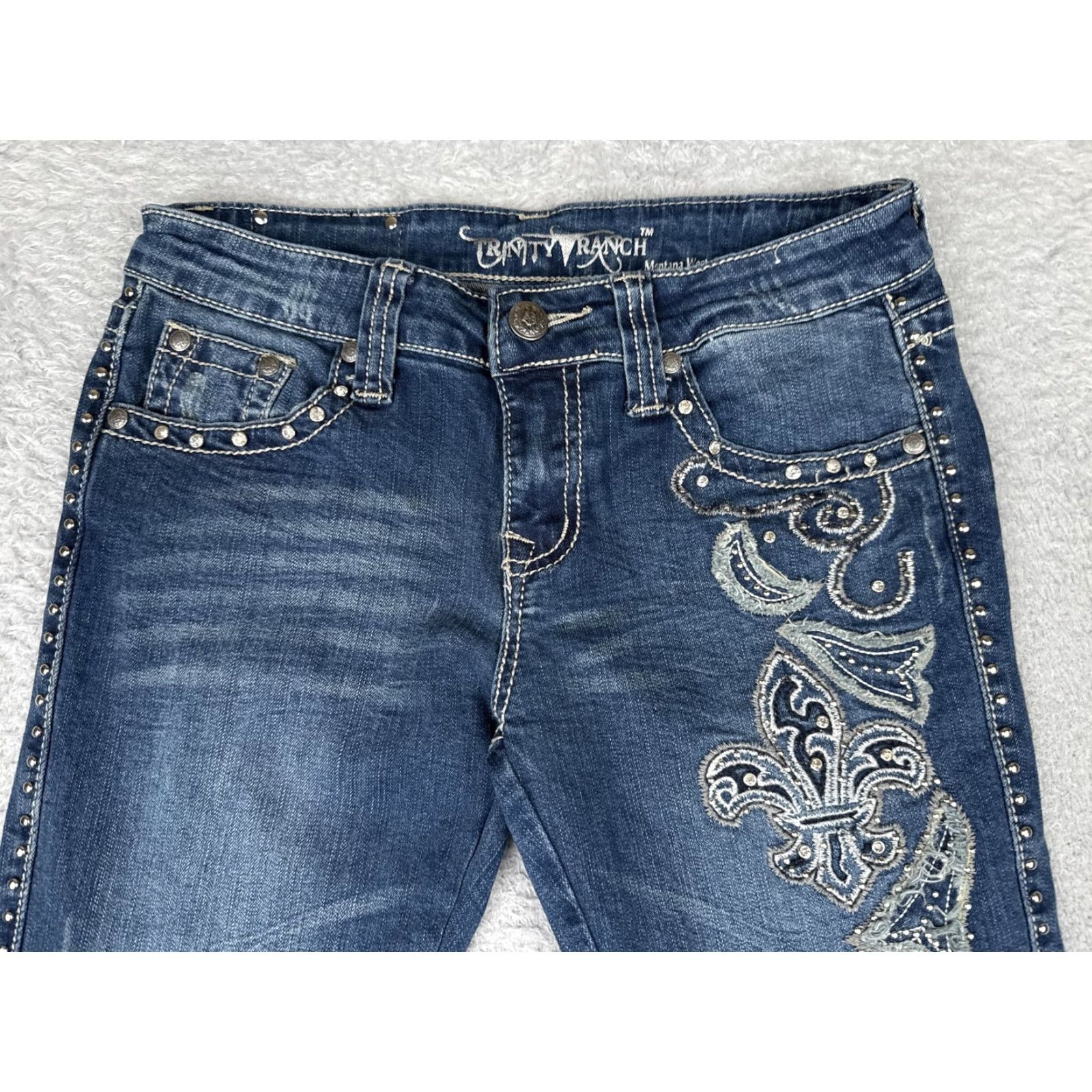 Vintage Trinity Ranch Jeans Bootcut Junior 5 Blue Mid Rise Embroidered Rhinestone Studded Embellished 29x34 Casual Western Cowboy Womens Size 27" / US 4 / IT 40 - 4 Thumbnail