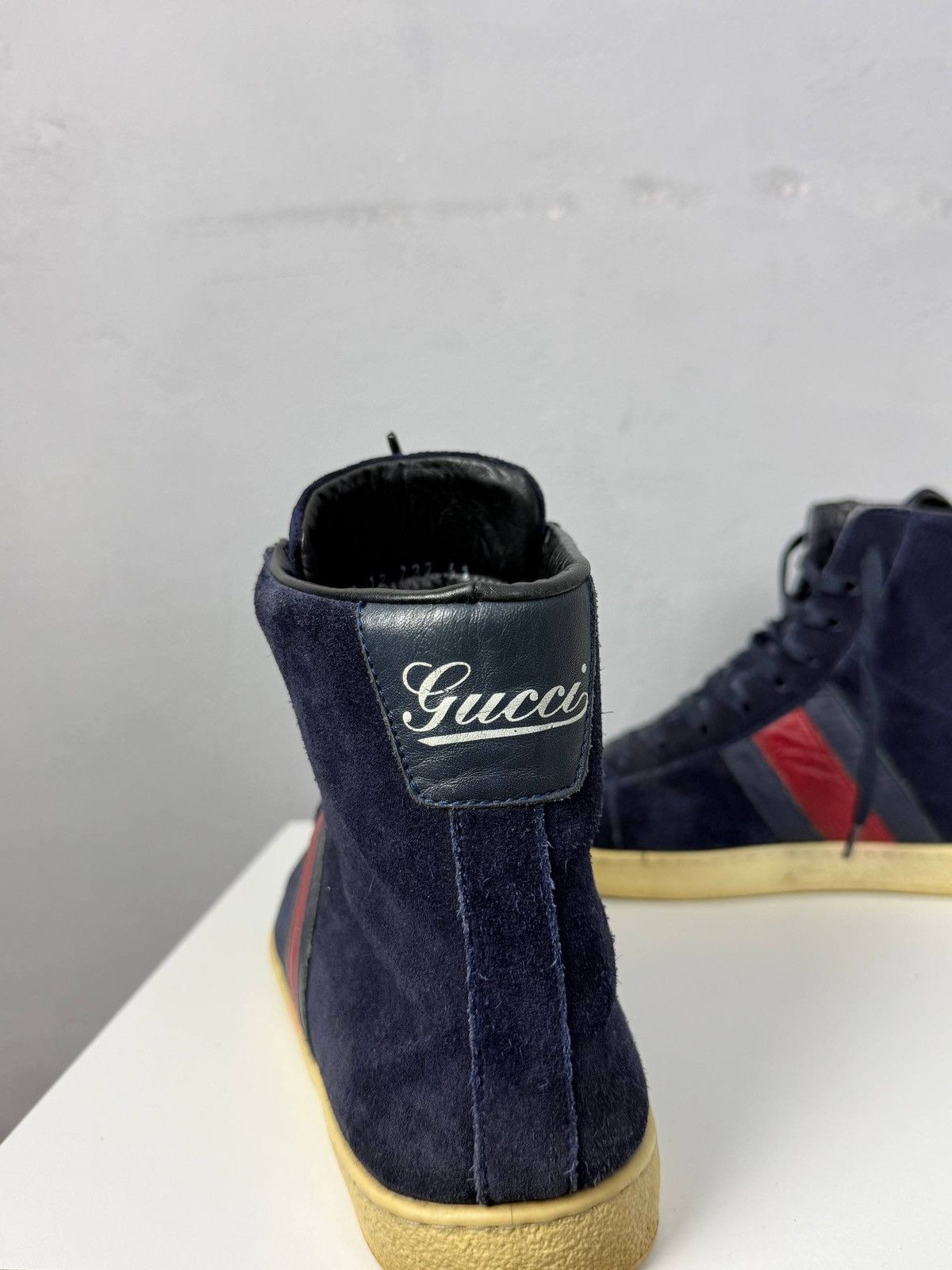 Gucci Gucci Navy Blue Suede Web High Top Sneakers Size US 8 / EU 41 - 8 Thumbnail
