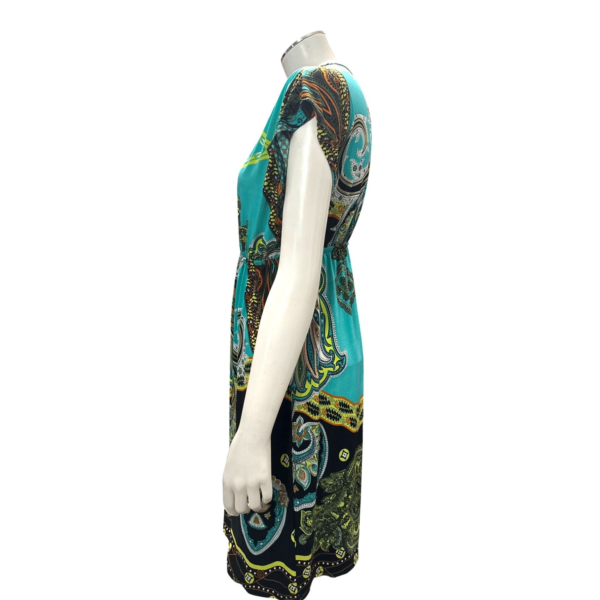 Other 5th Love Large Turquoise Lime Green Black Printed Boho Dress Size L / US 10 / IT 46 - 3 Thumbnail