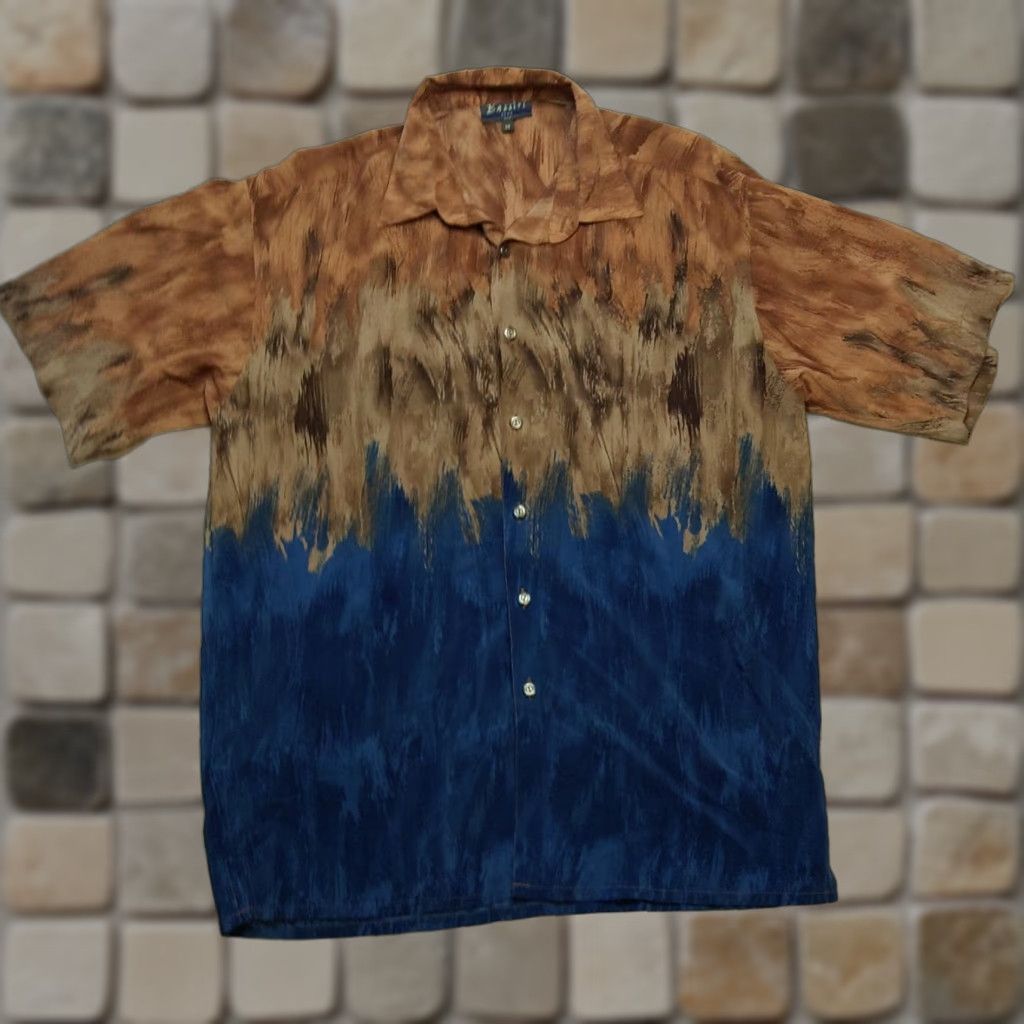 Vintage Bassiri Uomo Vtg Geometric Shirt Men M Button-Up Blue Brown Polyester Microfiber Short Sleeve Casual Business Size US M / EU 48-50 / 2 - 1 Thumbnail