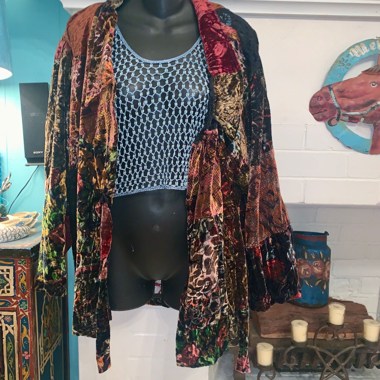 Other VINTAGE 90's UNWORN PATCHWORK SILK BLEND VELVET LACE JACKET Size ONE SIZE - 2 Thumbnail
