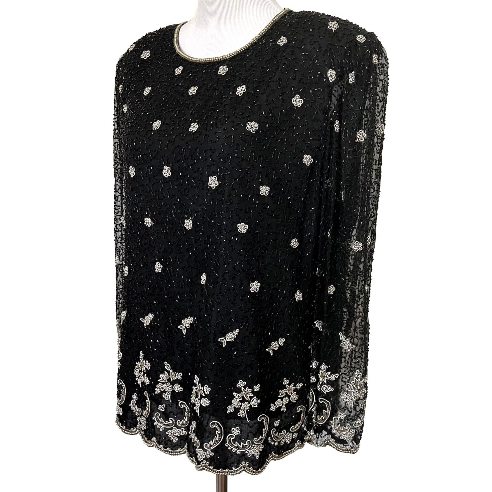 Vintage VINTAGE Laurence Kazar Black Beaded Silk Top Blouse 1X Long Sleeve Eveningwear Shirt Former 80s Womens Size XL / US 12-14 / IT 48-50 - 2 Thumbnail