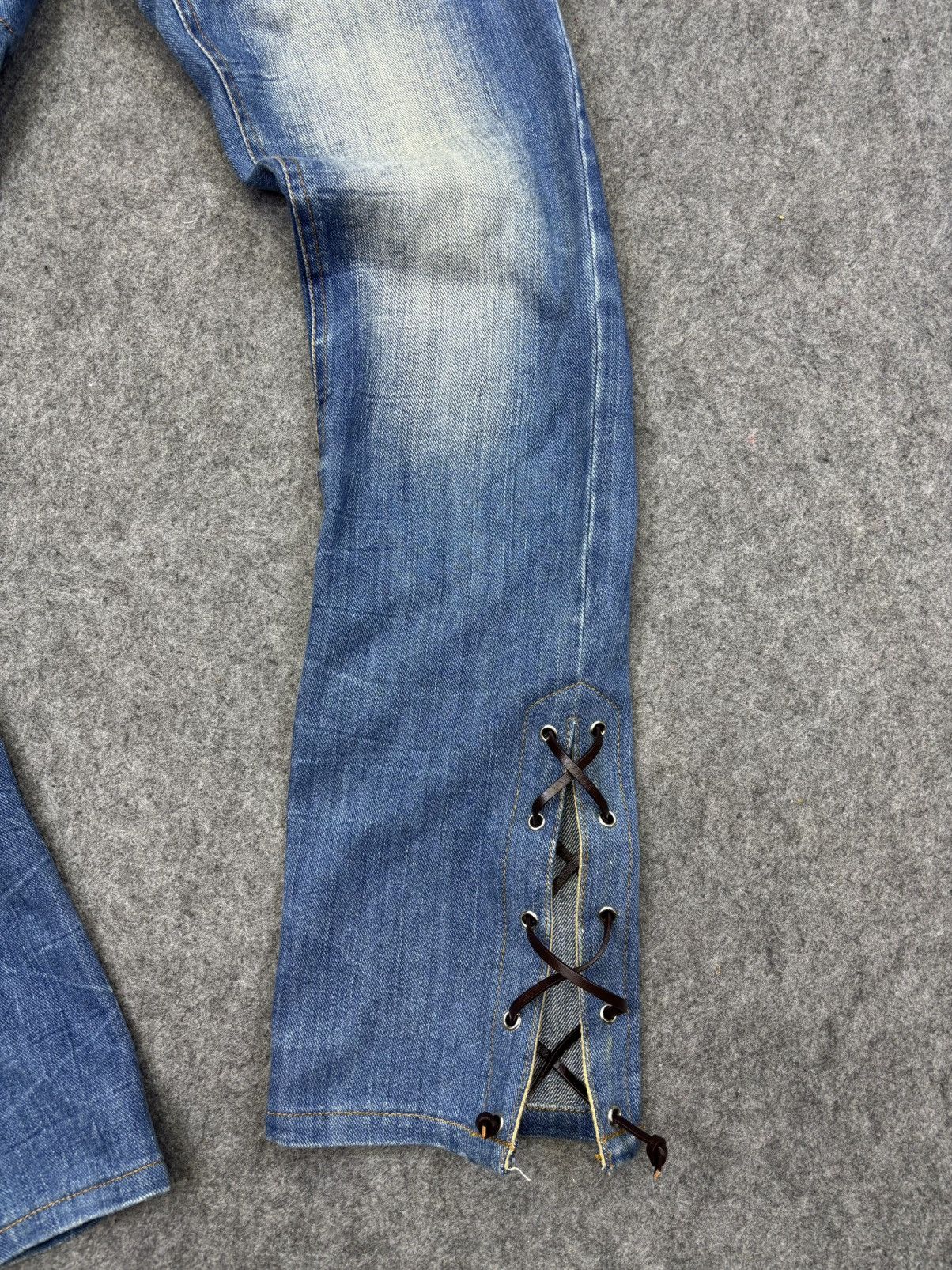 Japanese Brand Flare Lace Up Mangrove Double Waist Stone Wash Denim F812 Size US 32 / EU 48 - 4 Thumbnail