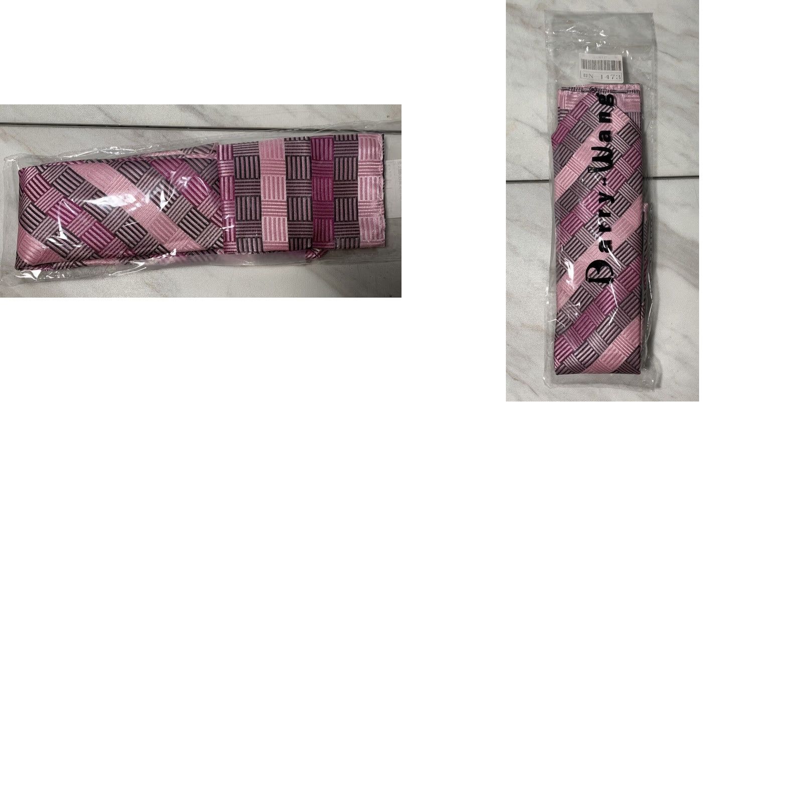 Vintage Barry Wang Designer Tie Set Men's Necktie Handkerchief Gray Pink 100% Silk NEW Size ONE SIZE - 8 Thumbnail