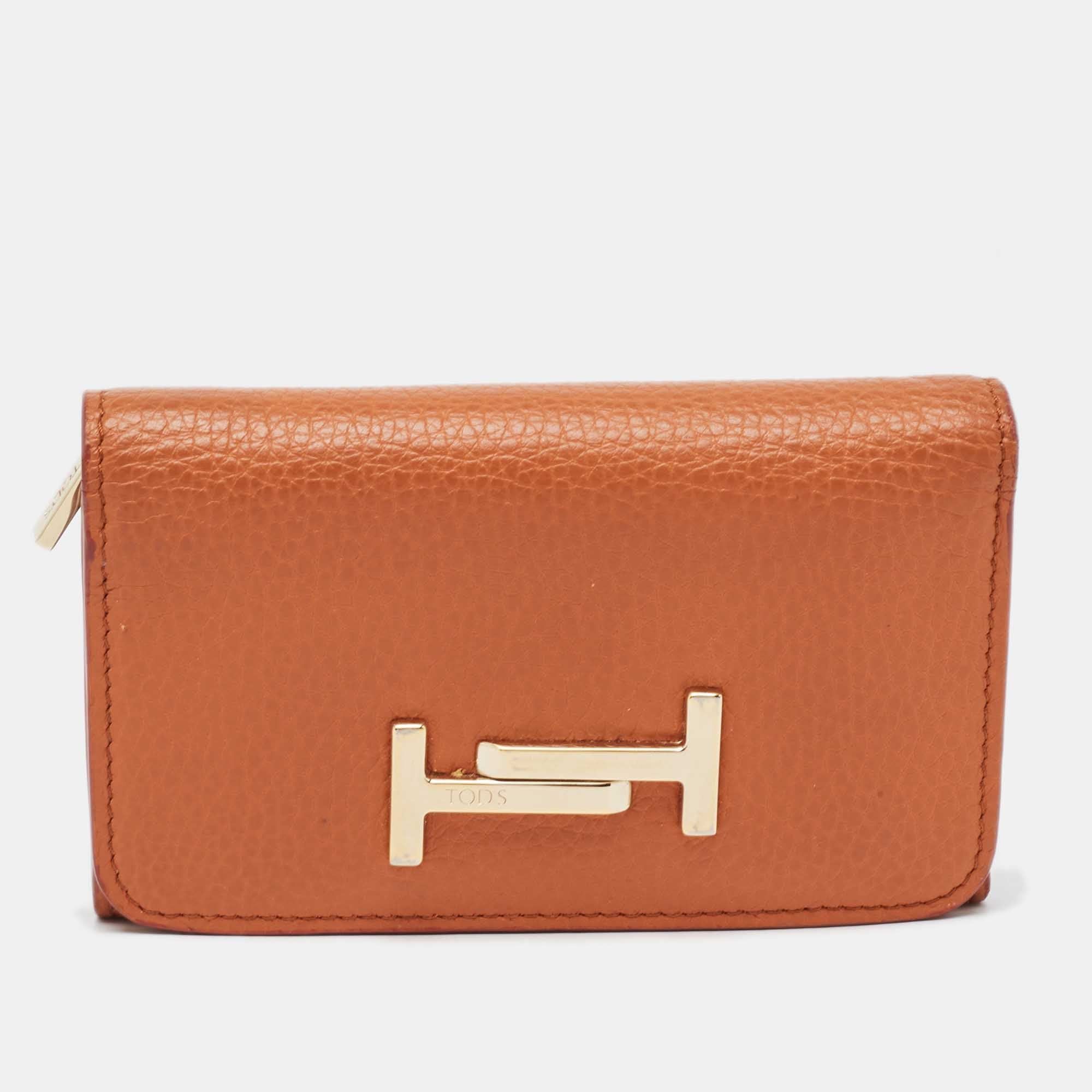 image of Tods Tod's Orange Leather Double T Trifold Wallet in Tan, Women's