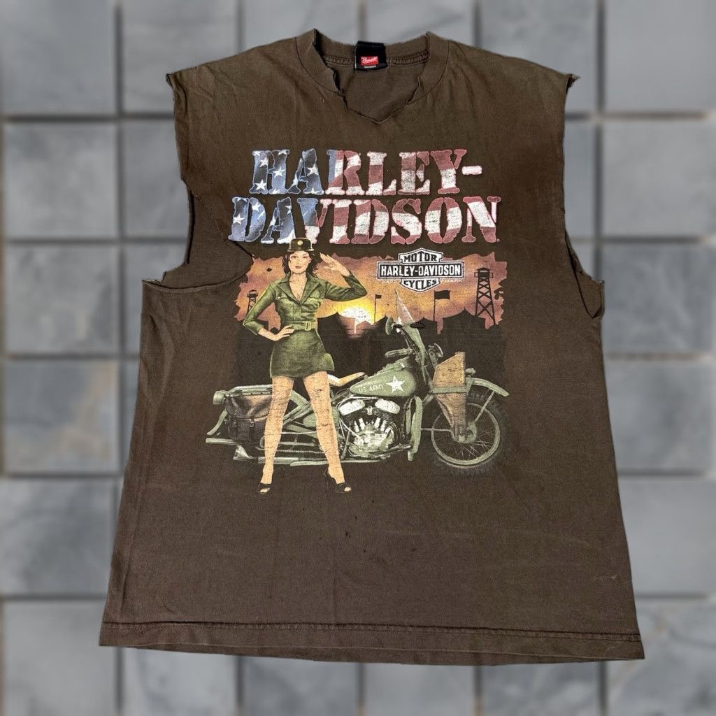 Harley Davidson VINTAGE Harley-Davidson T Shirt Mens L Brown Morgantown Army Rare Distressed Cut Off Graphic Print Crew Neck 2000s USA Y2K Harley Davidson Mens Size US L / EU 52-54 / 3 - 1 Thumbnail
