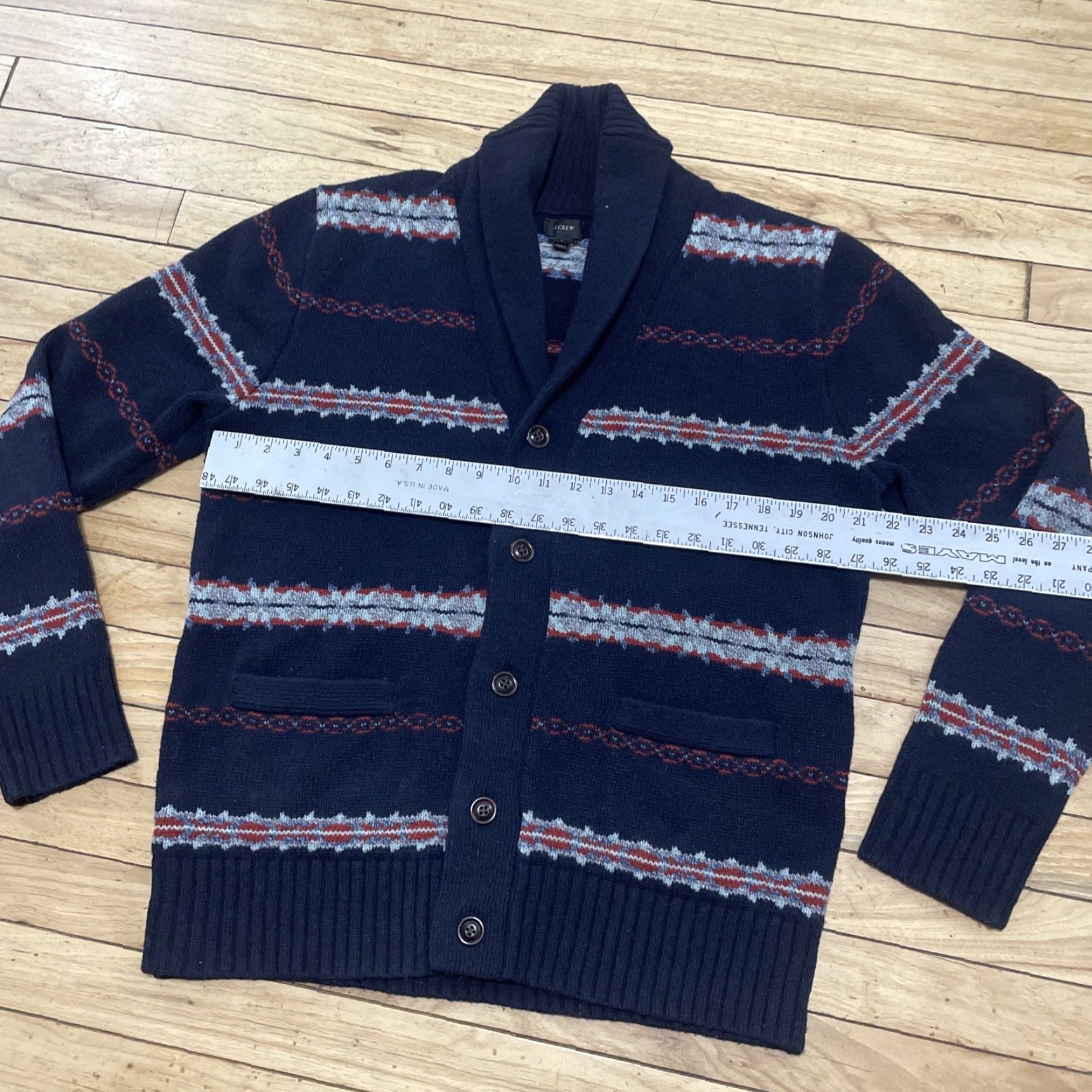 J.Crew J.CREW Shawl Cardigan 100% Lambs Wool Heavy Sweater Blue Red Mens L Fairisle Wool Cardigan Size US L / EU 52-54 / 3 - 6 Thumbnail