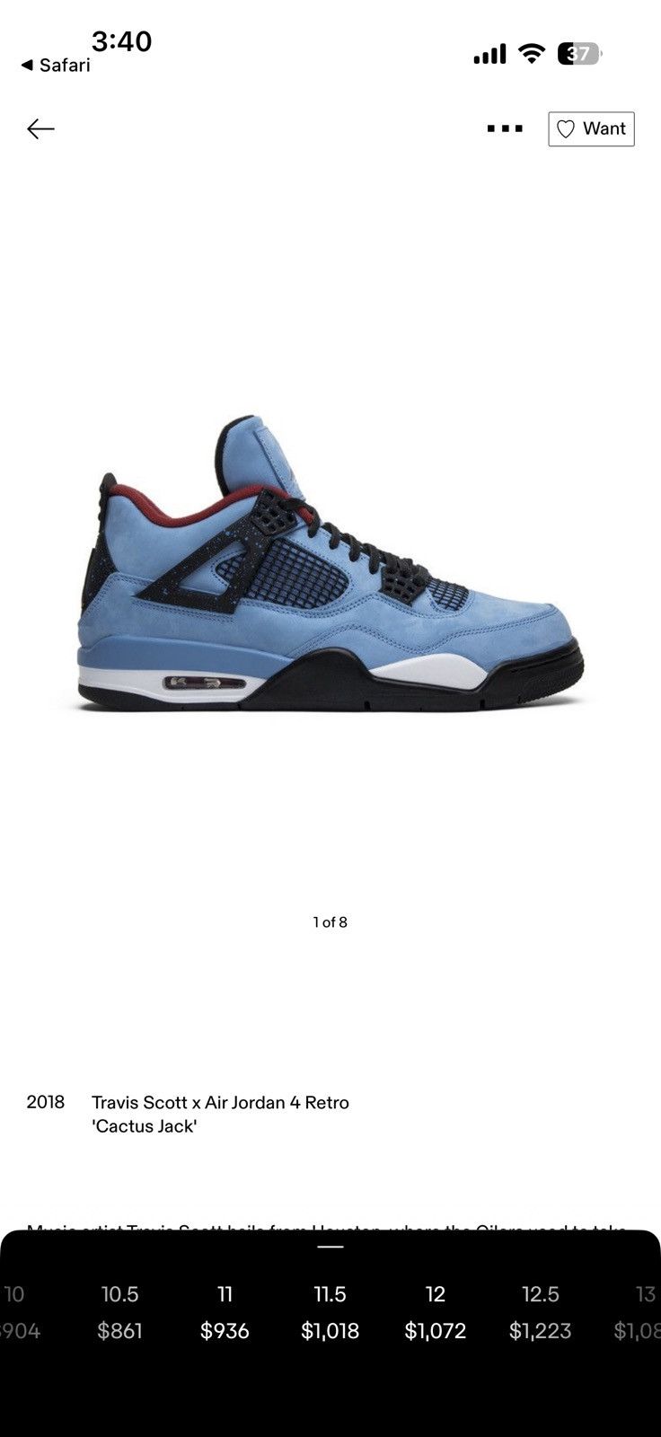 Nike 2018 Travis Scott × Air Jordan 4 Retro 'Cactus Jack' Size US 9 / EU 42 - 13 Thumbnail