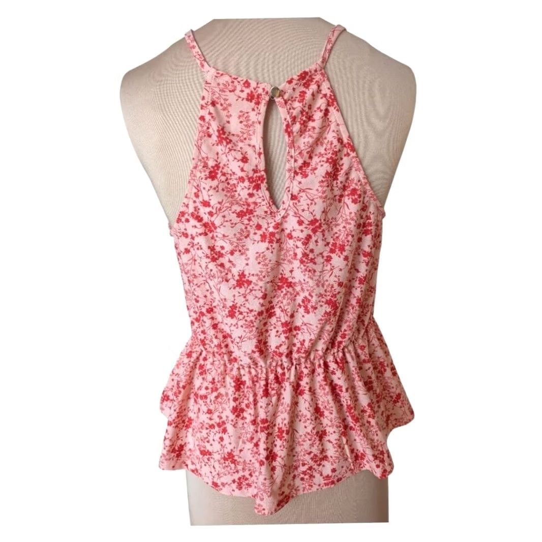 Vintage Meraki Halter Top Pink Floral Scalloped Peplum Tie Front Women L Reg. Casual, Party, Cocktail Dresses & Tops Women Size L / US 10 / IT 46 - 2 Thumbnail