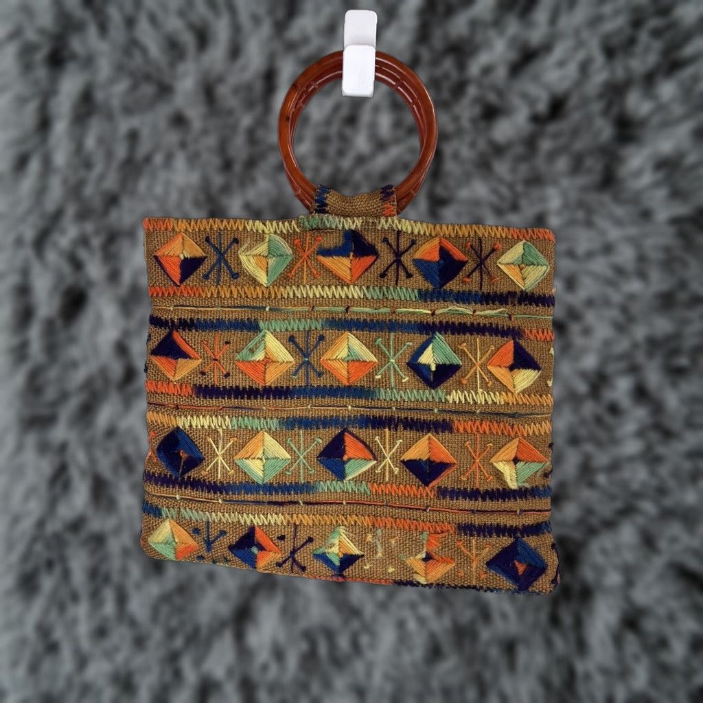Vintage Vintage 70’s Boho Hippie Purse Bag Embroidered Bakelite Style Handles GUC Size ONE SIZE - 1 Thumbnail