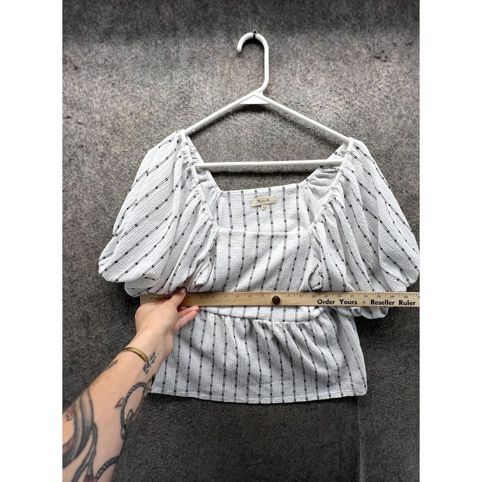Madewell Madewell Blouse Womens Medium White Stripe Square Neck Puff Sleeve Peplum Top Size M / US 6-8 / IT 42-44 - 4 Thumbnail