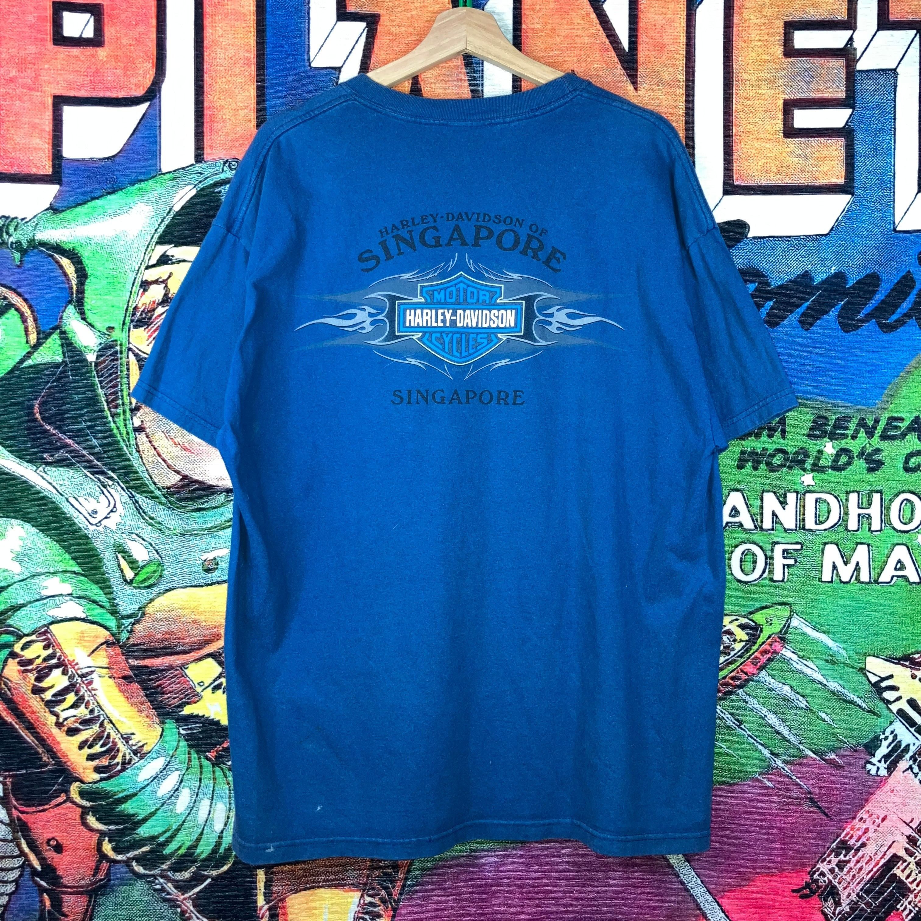 Harley Davidson × Vintage Vintage Y2K 2005 Harley Davidson Singapore Blue Flame Tee Si Size US XL / EU 56 / 4 - 2 Thumbnail
