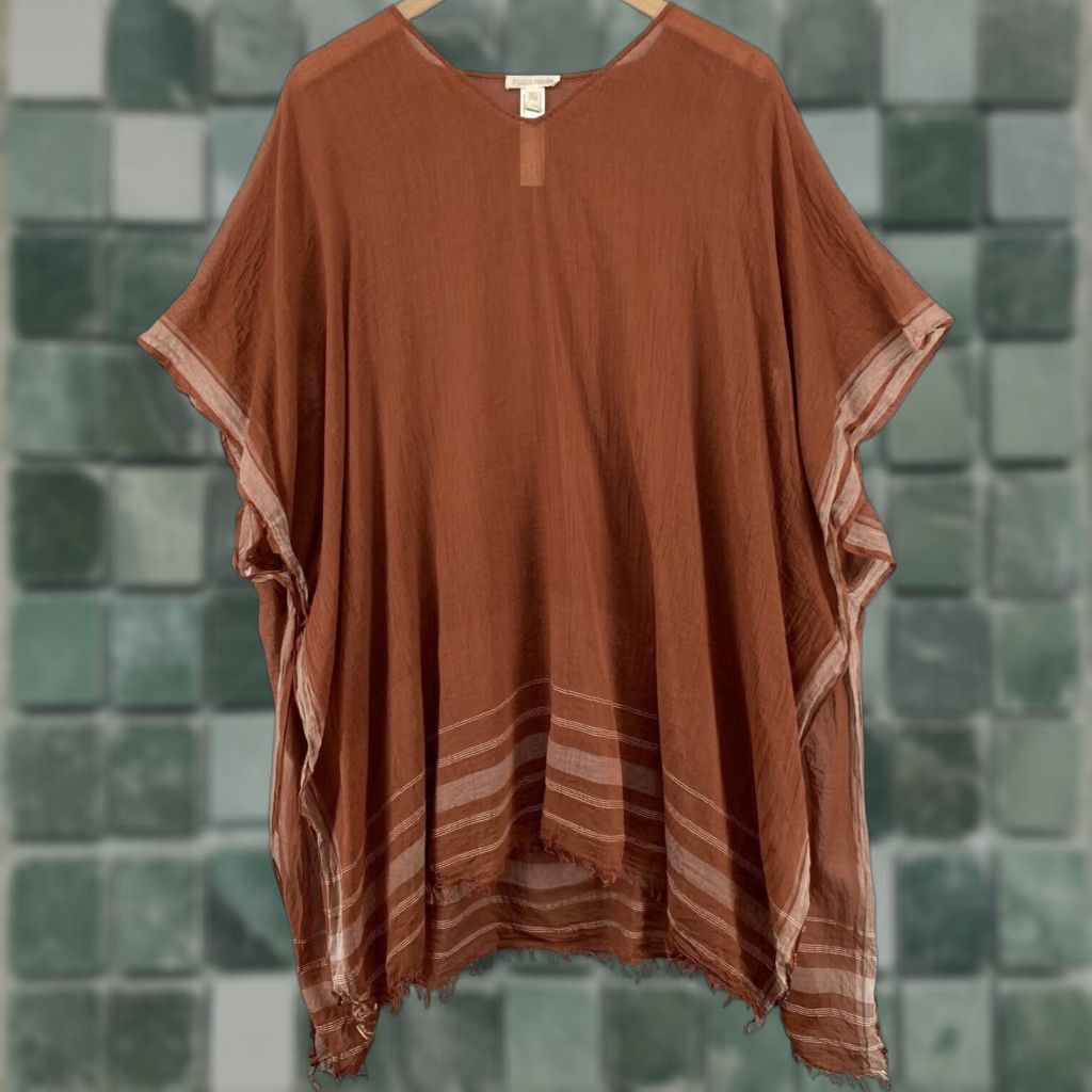 Eileen Fisher Tunic Hoodie Women One Size Brown Organic Cotton Gauze Fringe Kaftan Modern