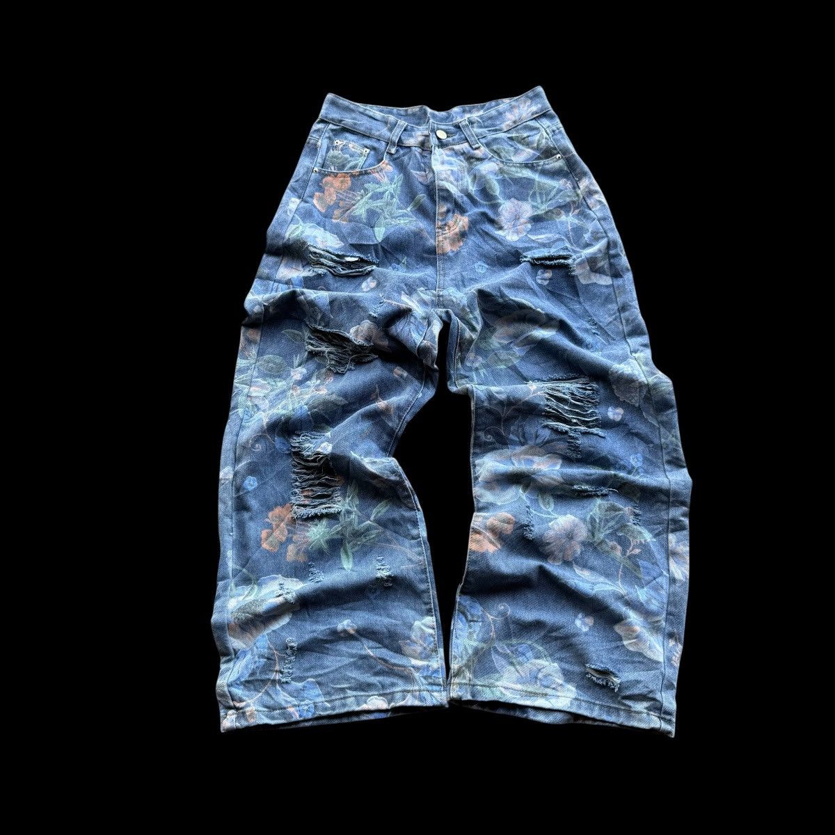 Japanese Brand ☀️HIGH WAISTED FLORAL DISTRESSED BAGGY JEANS Size US 30 / EU 46 - 1 Thumbnail
