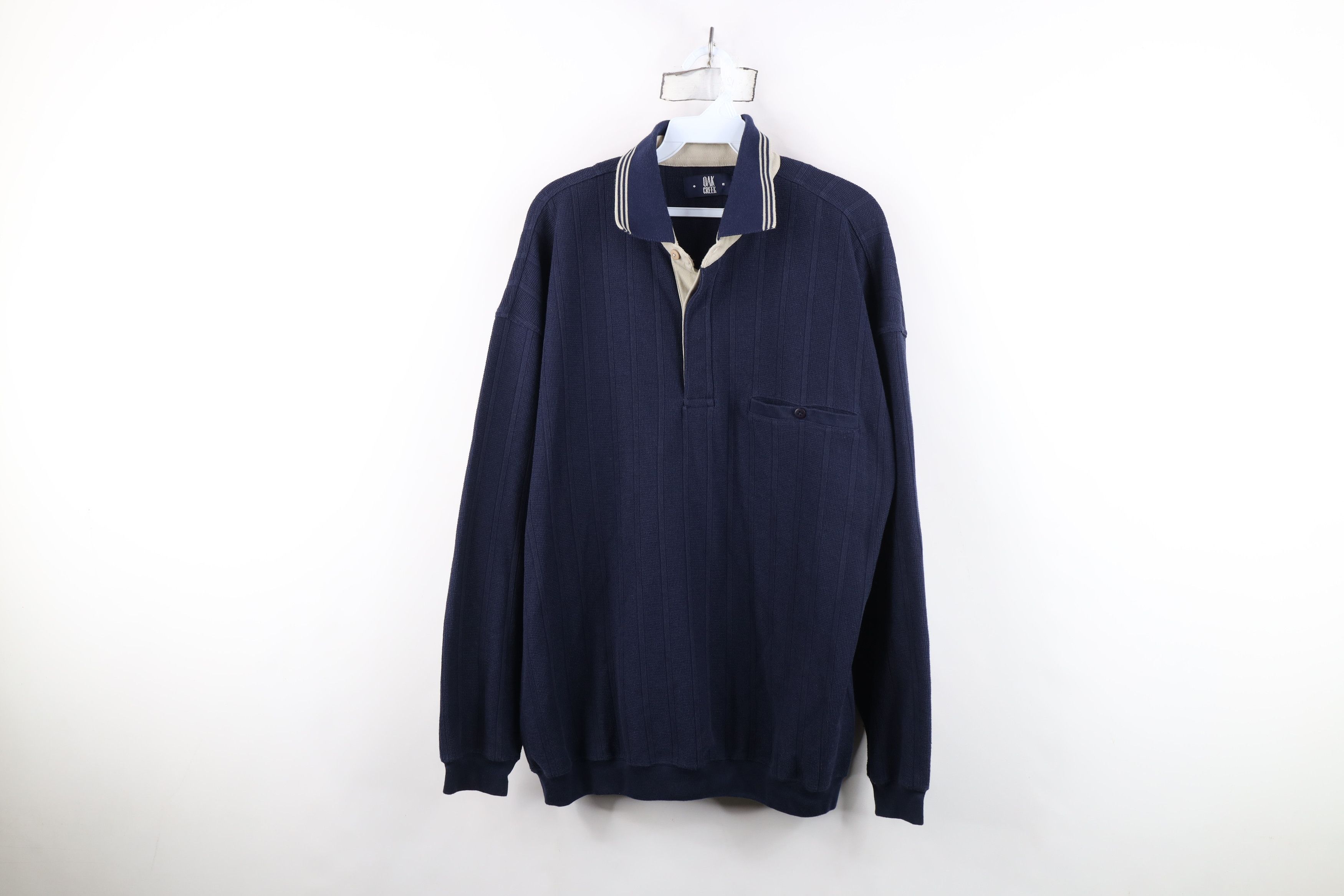Vintage Vintage 90s Streetwear Waffle Knit Long Sleeve Polo Blue Size US L / EU 52-54 / 3 - 1 Thumbnail
