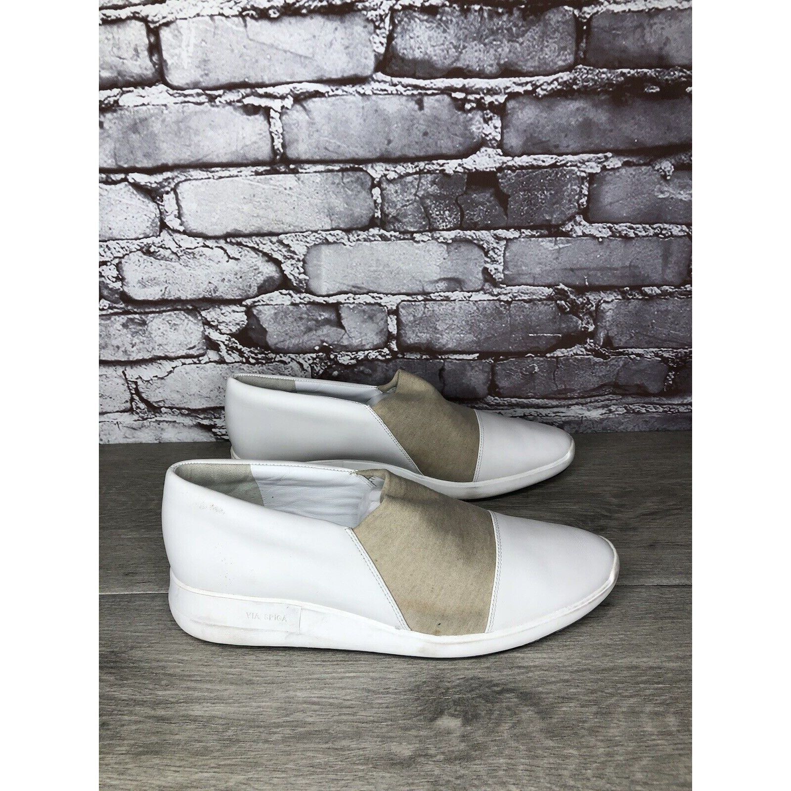 Other Via Spiga White Leather Beige Fabric Slip On Sneakers Women’ Size US 9.5 / IT 39.5 - 16 Thumbnail