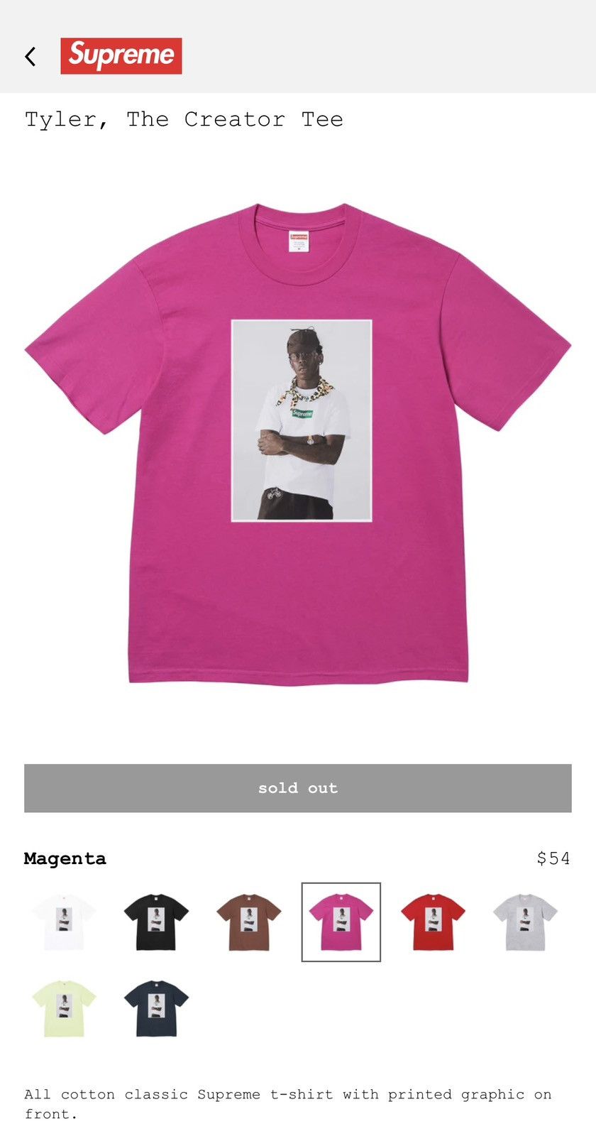 Supreme × Tyler The Creator Supreme Tyler the Creator Tee - Magenta Large Size US L / EU 52-54 / 3 - 5 Thumbnail