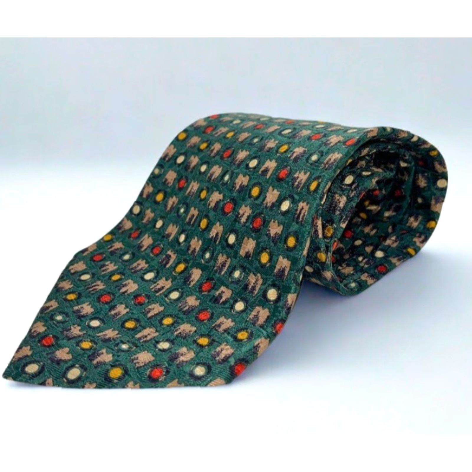 Ermenegildo Zegna VINTAGE Ermenegildo Zegna Soft 100% Silk Tie Abstract Geometric Pattern Italy Men One Size Green Tan Gold Red Ivory Classic Width 57"-60" Size ONE SIZE - 4 Thumbnail