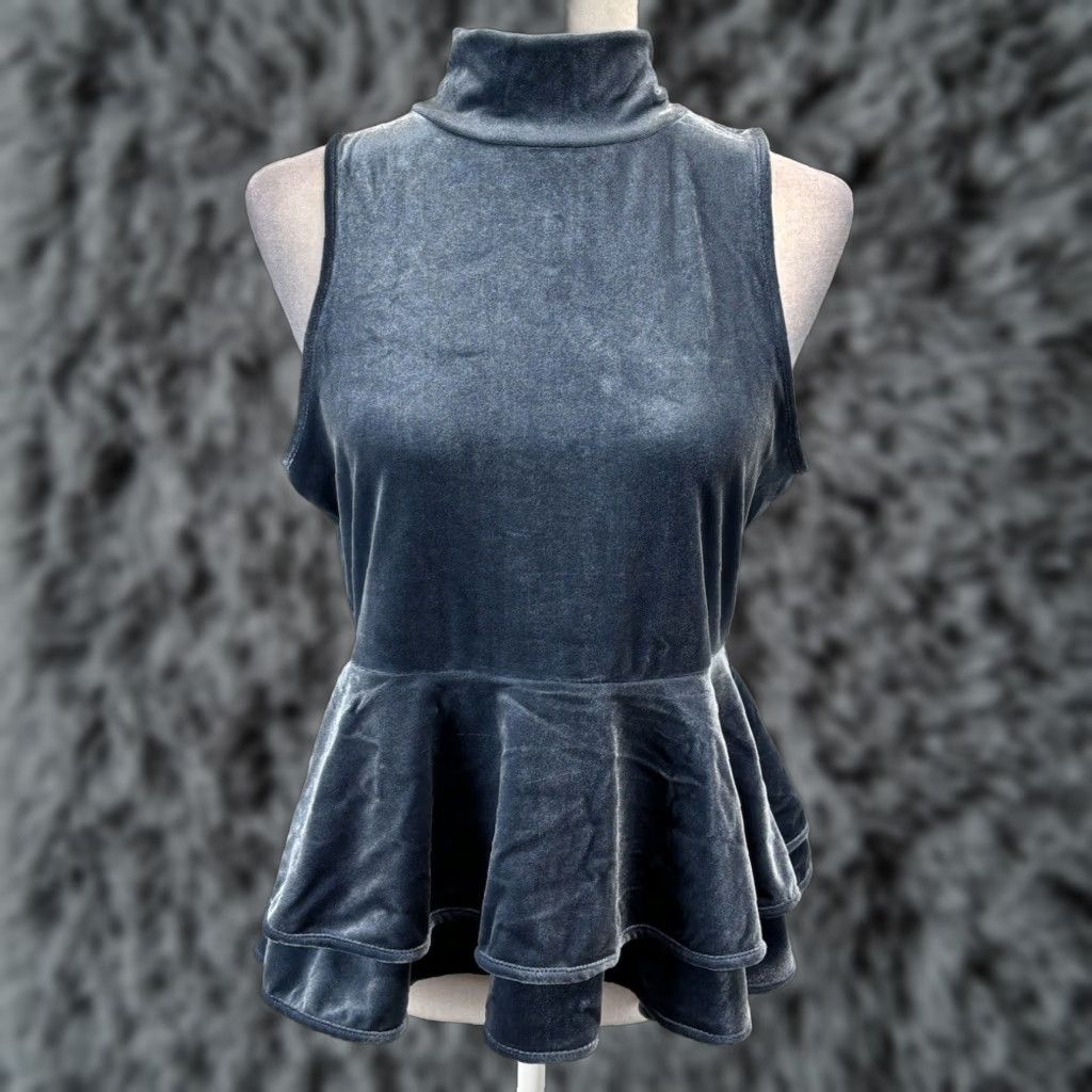 Velour Torn By Robby Kobo Velour Shirt Top Women's Medium Blue Sleeveless Peplum Size M / US 6-8 / IT 42-44 - 1 Thumbnail