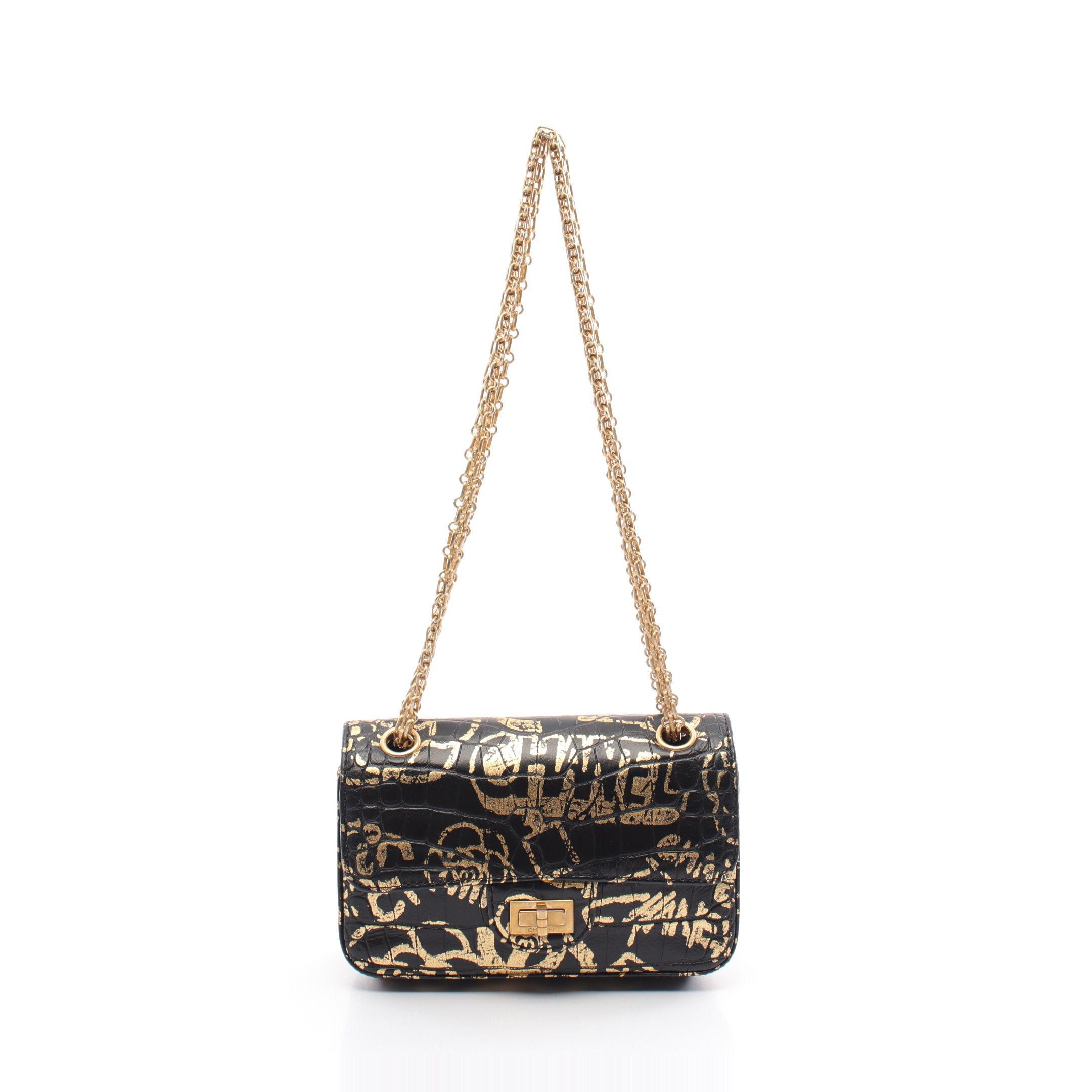 Chanel Chanel 2.55 Mini Double Chain Shoulder Bag Graffiti Embossing Leather Black Gold Hardware Size ONE SIZE - 1 Thumbnail