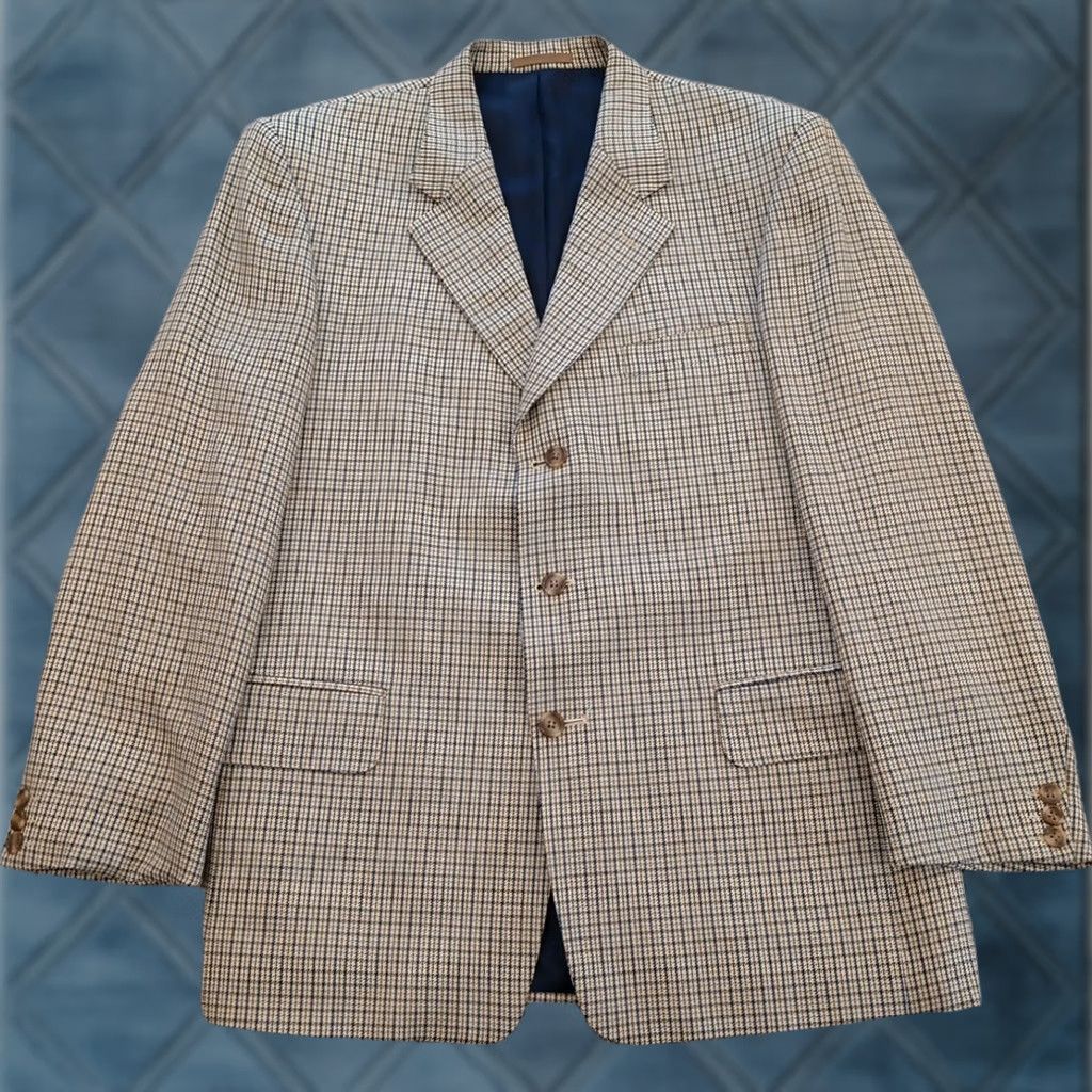 Crombie Crombie Blazer Mens 40 Beige Plaid Wool Silk Three-Button Ventless Regular Notch Lapel 2 Piece Single-Breasted Mens SS Size 40R - 1 Thumbnail