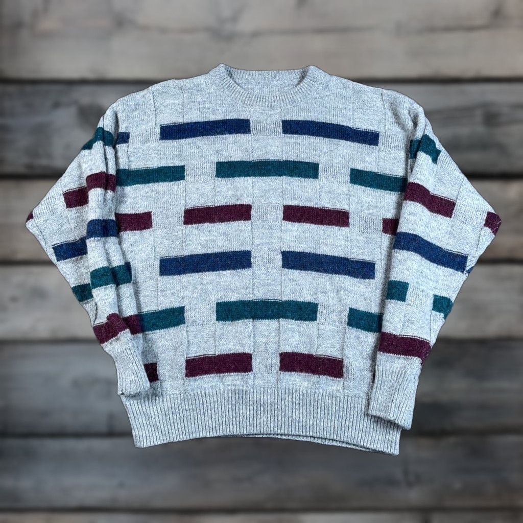 Vintage VTG Vintage Sweater Geometric Pattern Adult Large Gray Red Blue Knit Crew Neck Pullover 80s 90s Dad Mens Size US L / EU 52-54 / 3 - 1 Thumbnail
