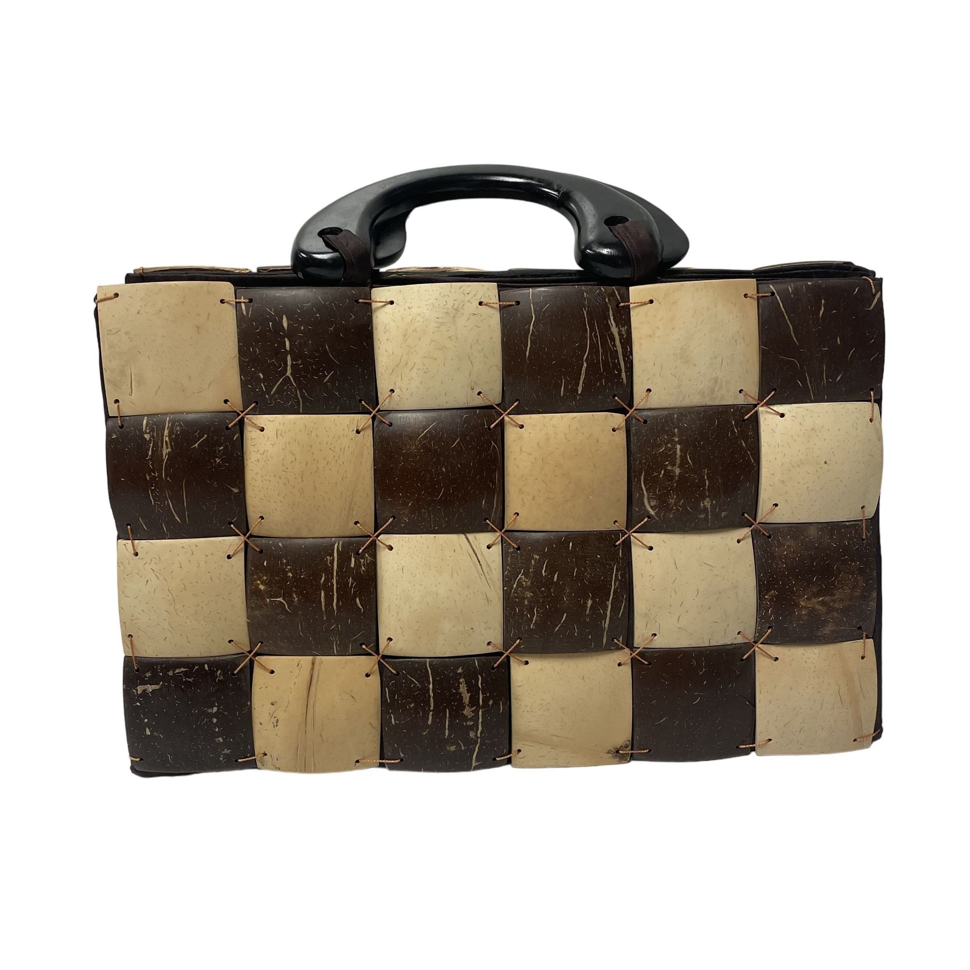 Other Vtg COCONUT Shell Patchwork MOD Handbag SATIN Lined Purse Size ONE SIZE - 1 Thumbnail