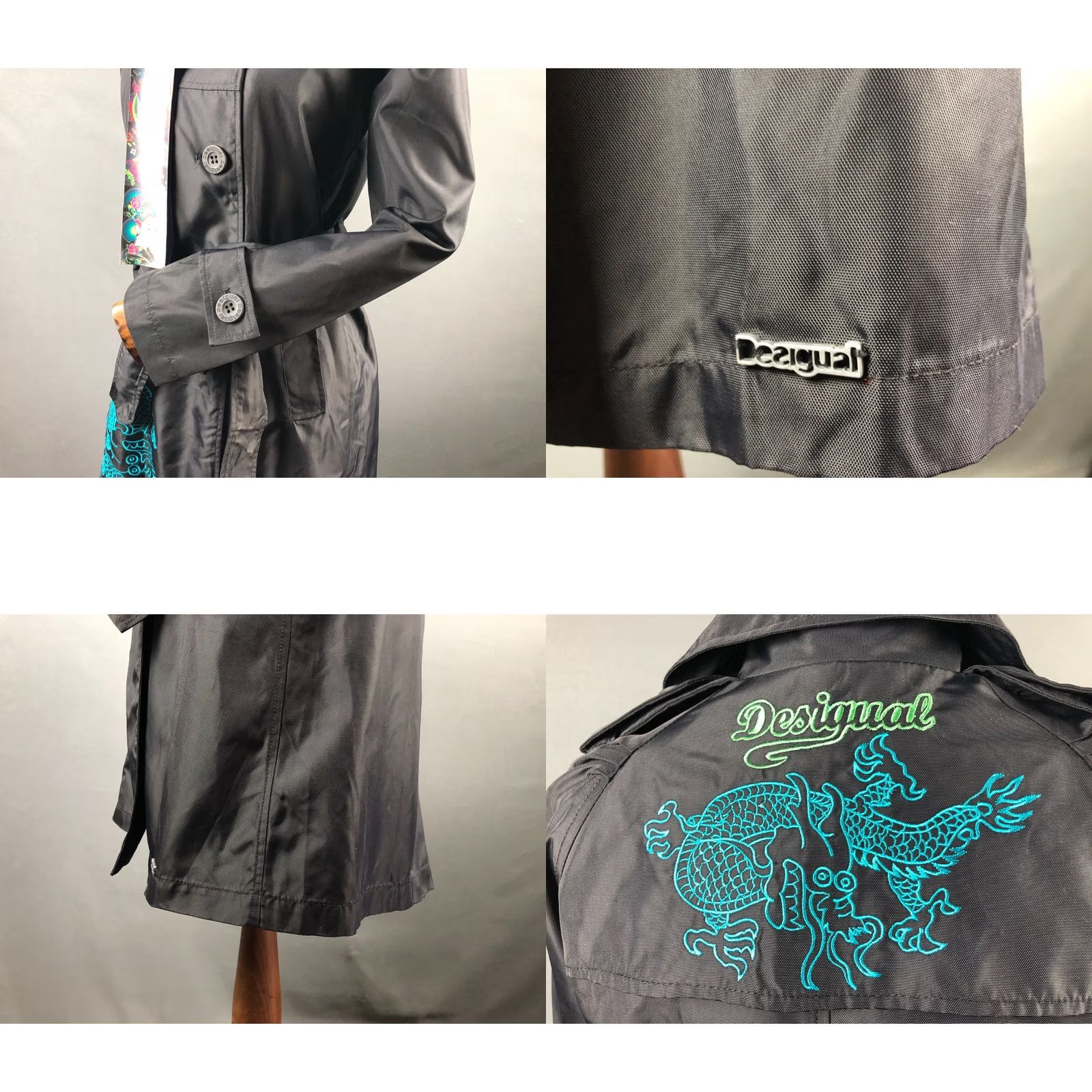 Desigual Desigual Women's Trench Coat Black Nylon Embroidered Belted Long Sleeve Patch Logo Buttoned Epaulettes Regular Size 38 Coat Women Size XS / US 0-2 / IT 36-38 - 8 Thumbnail