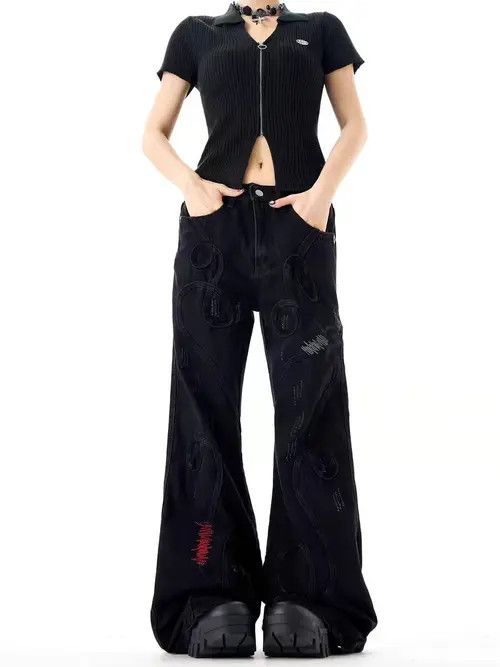 VIBE Street Hip Hop Punk Embroidered Loose Jeans Size US 29 - 2 Thumbnail