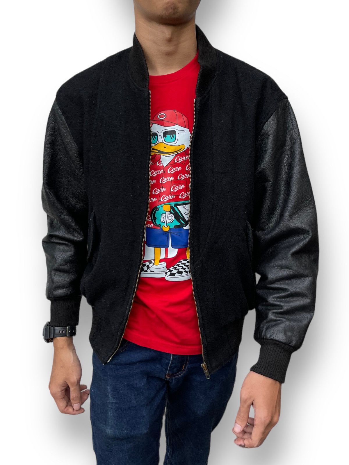 Issey Miyake 🔥Vintage 80's Steam Boat Japan Leather Sleeve Bomber Jacket Size US M / EU 48-50 / 2 - 3 Thumbnail