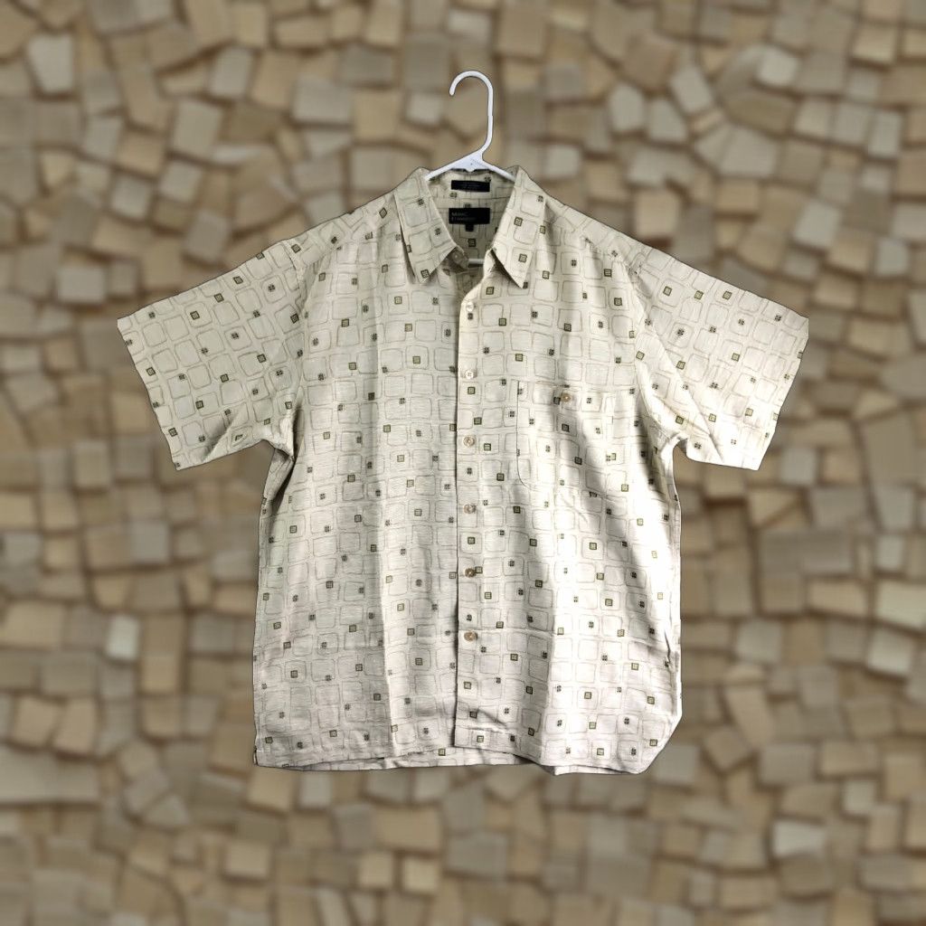 Marcs Marc Edwards Silk Button-Up Shirt Mens Large Beige Short Sleeve Point Collar Regular Fit Geometric Pattern"} Size US L / EU 52-54 / 3 - 1 Thumbnail