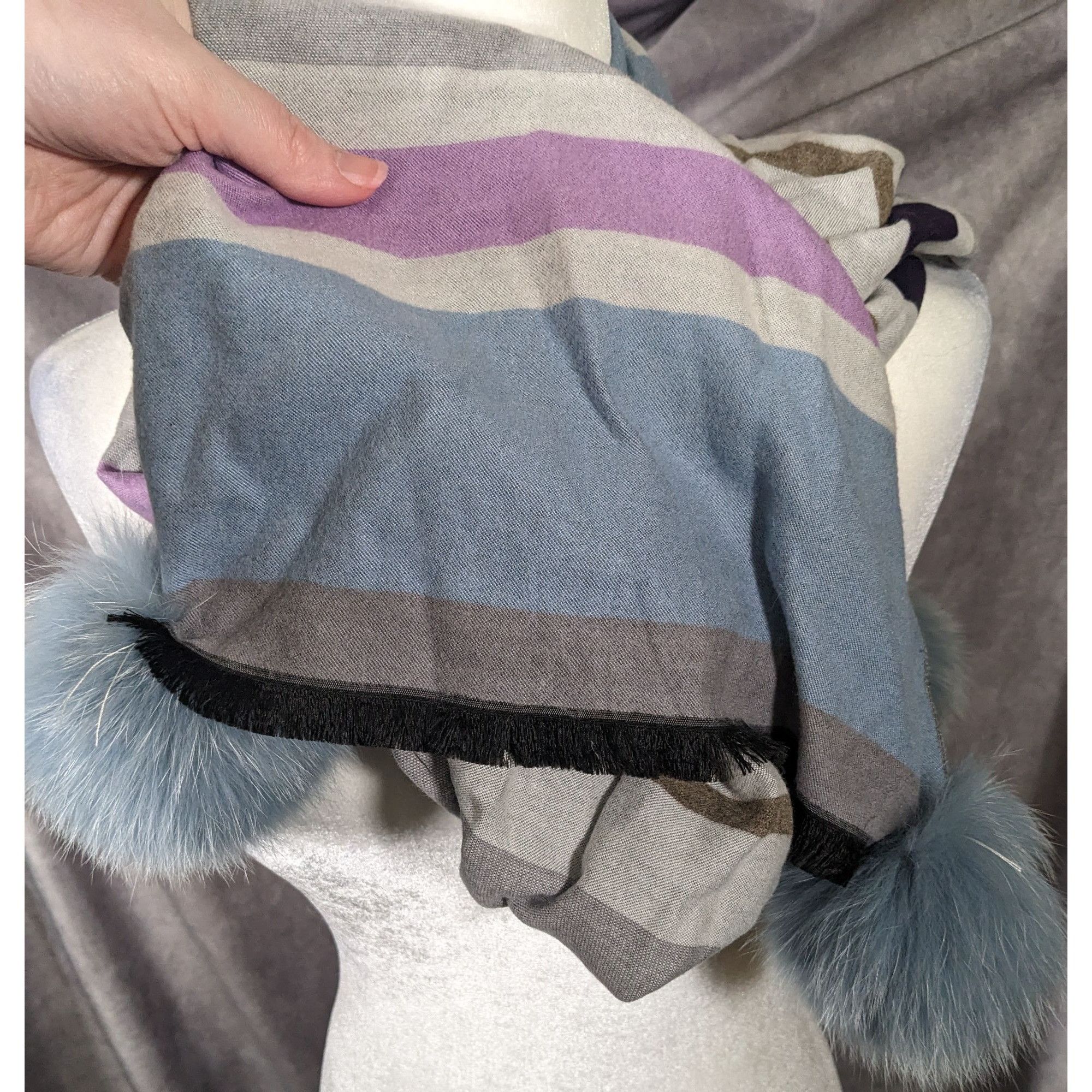 Other Casual Grey Purple And Blue Striped Pompom Scarf Size ONE SIZE - 7 Thumbnail