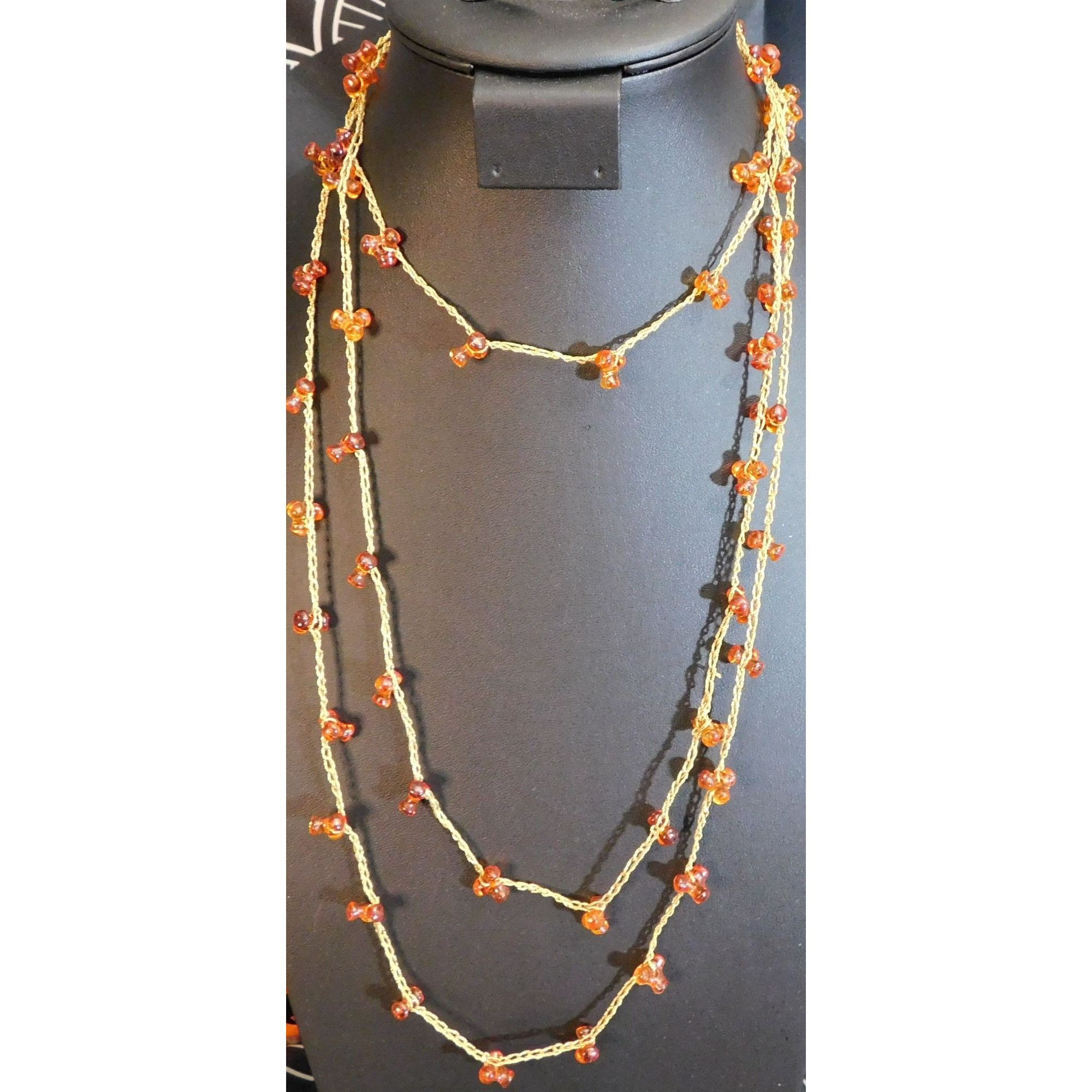Handmade Vintage Handmade Woven Gold Tone Necklace With Tri-Bead Acce Size ONE SIZE - 1 Thumbnail