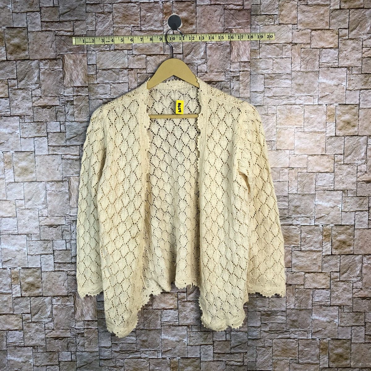 Homespun Knitwear × Japanese Brand Japan vintage crochet mesh net Yellow Cardigan #A659 Size S / US 4 / IT 40 - 1 Thumbnail