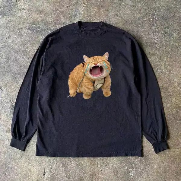Japanese Brand Mii Black casual retro crying cat print long sleeve t-shirt Size US M / EU 48-50 / 2 - 3 Thumbnail