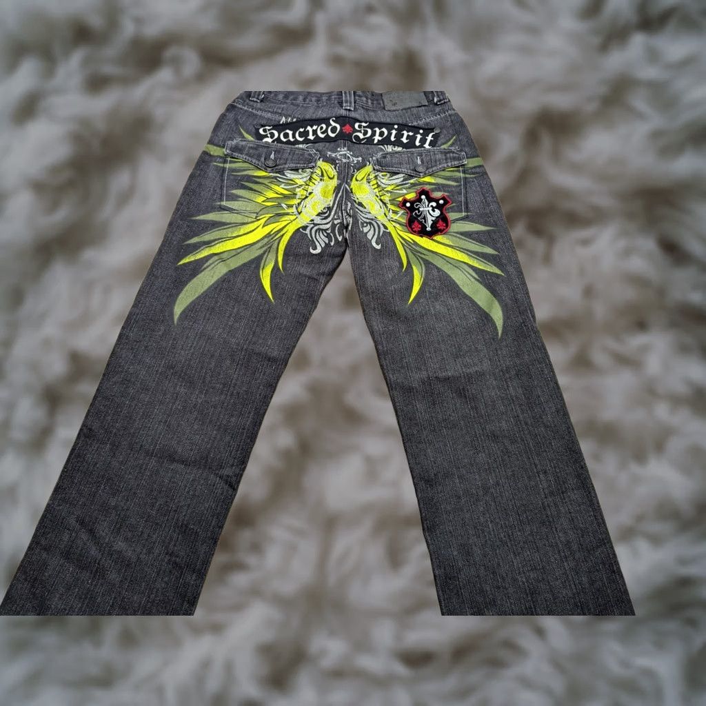 ESPIRIT VINTAGE Raw Blue Sacred Spirit Jeans W33 L29.5 Black Green Wings Straight Unisex Adults Jeans Mens Womens Boys Girls Size US 33 - 1 Thumbnail