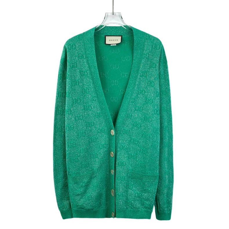 Gucci Gucci Green logo jacquart full printed wool V-neck single-b Size S / US 4 / IT 40 - 1 Thumbnail