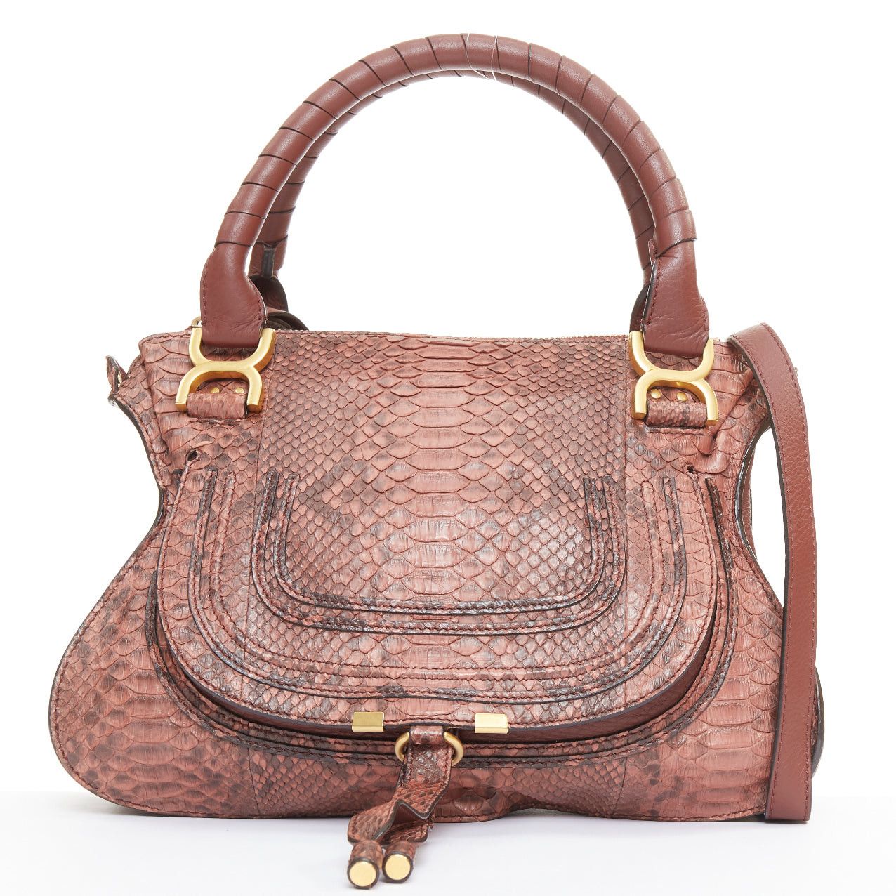 Chloe CHLOE Marcie Medium reddish brown snakeskin leather gold hardware 2 way satchel handbag Size ONE SIZE - 1 Thumbnail