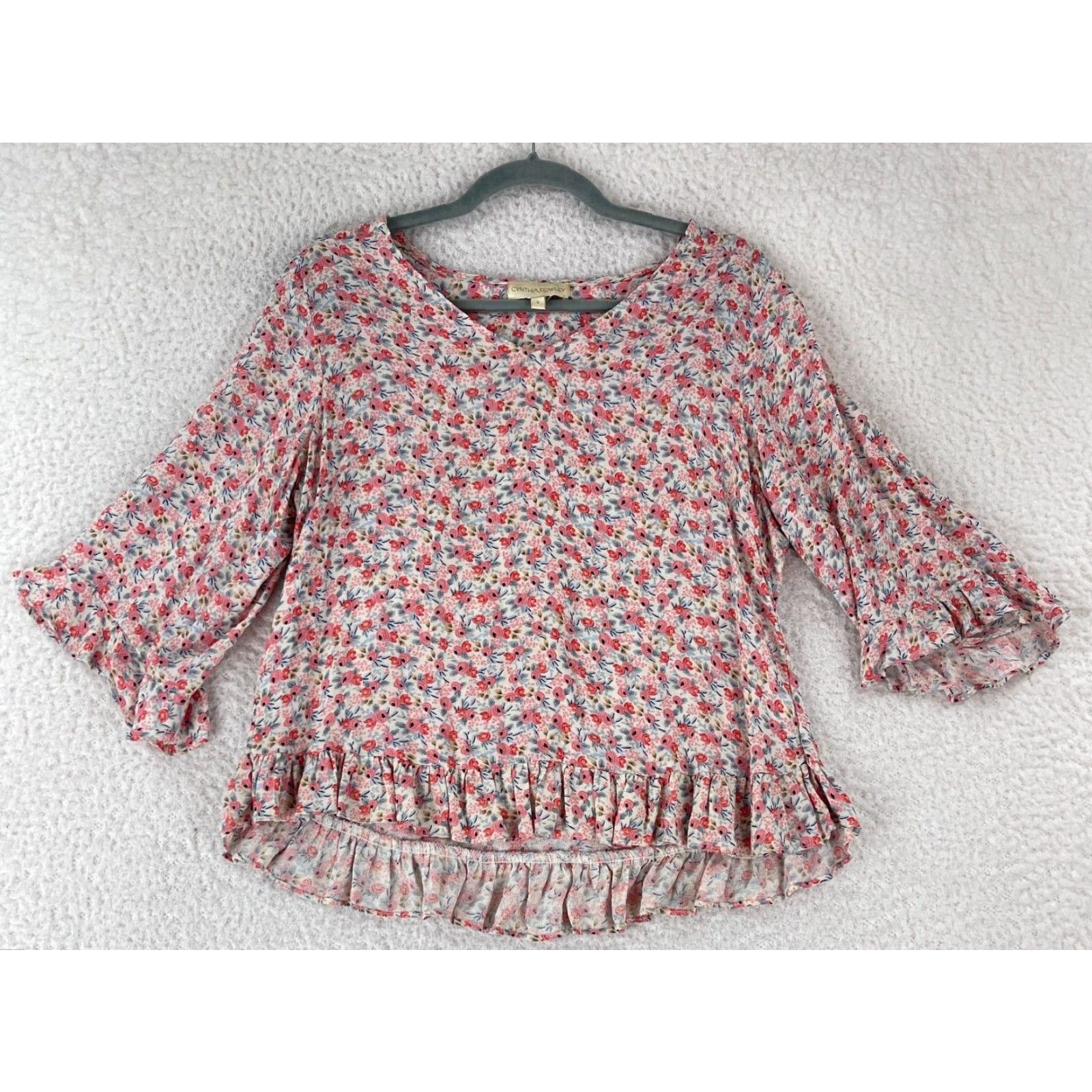 Cynthia Rowley Cynthia Rowley Pink Floral Print Peplum Shirt Womens V-Neck 3/4 Sleeve Size Small Size S / US 4 / IT 40 - 2 Thumbnail