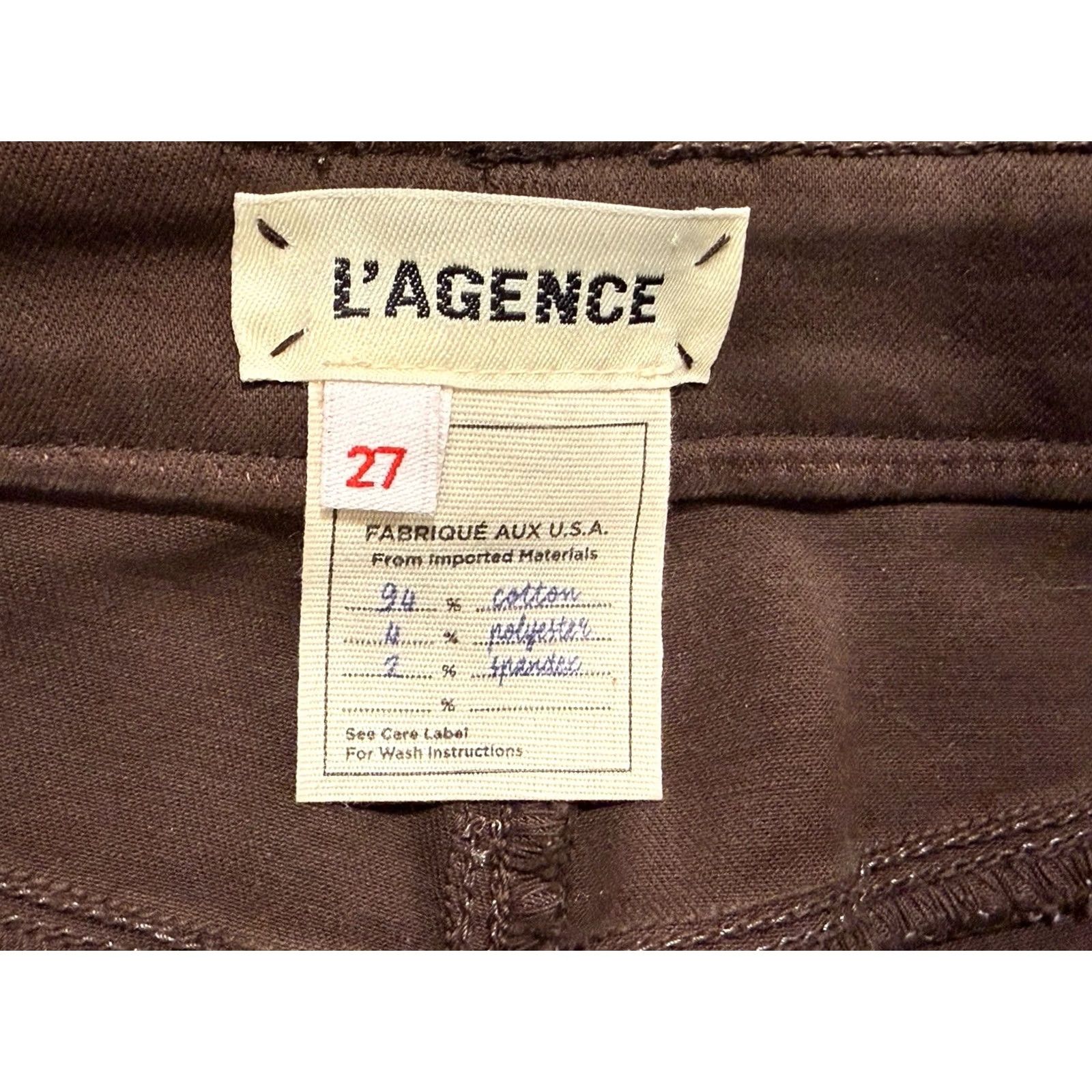 L'AGENCE L Agence Jeans Skinny Womens High Rise Coated Marguerite Cocoa Brown 27 Inseam 27.5 Zip Button Stretch Slimming City Season Fall Winter Spring Size 27" / US 4 / IT 40 - 5 Thumbnail