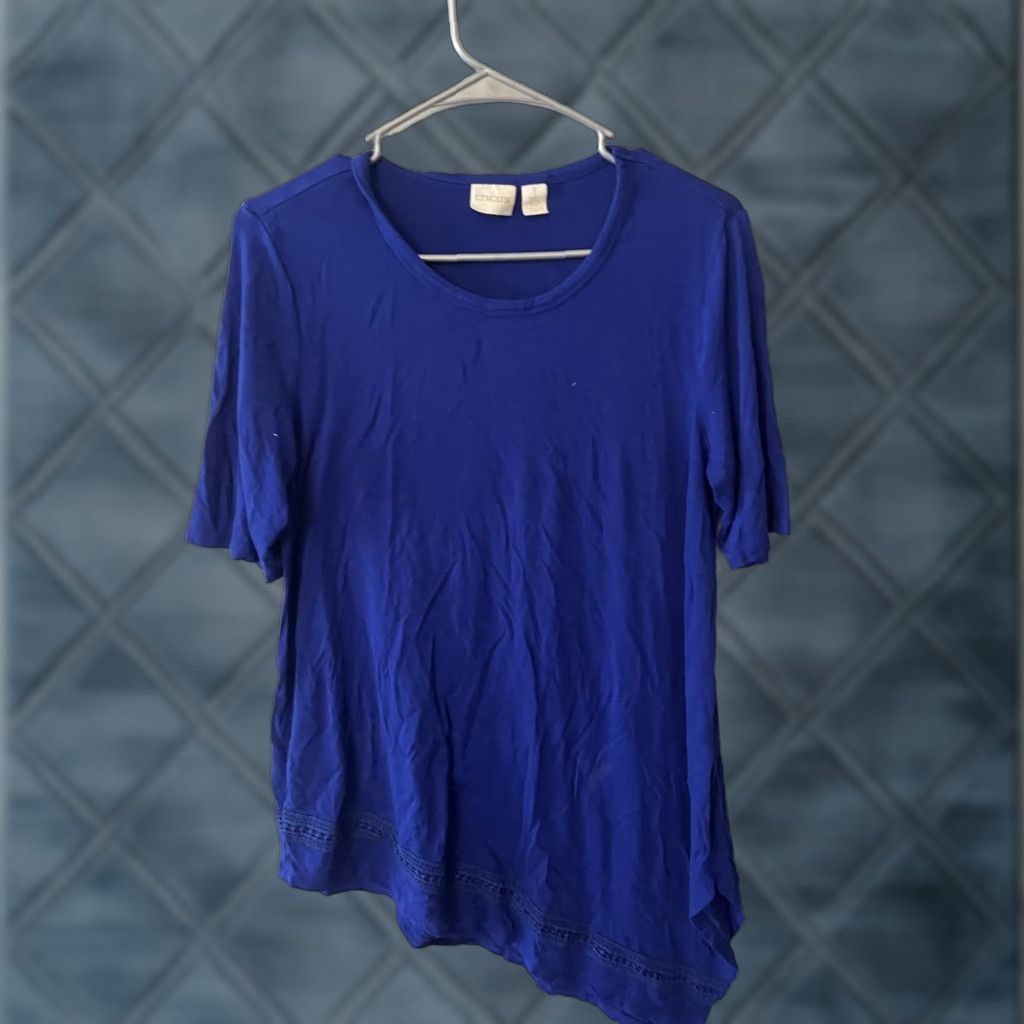 Vintage Chico's Shirt Womens 1 Blue Asymmetrical Short Sleeve Tee Stretch T-Shirt Round Neck Lace Crochet Vintage: No Size XS / US 0-2 / IT 36-38 - 1 Thumbnail