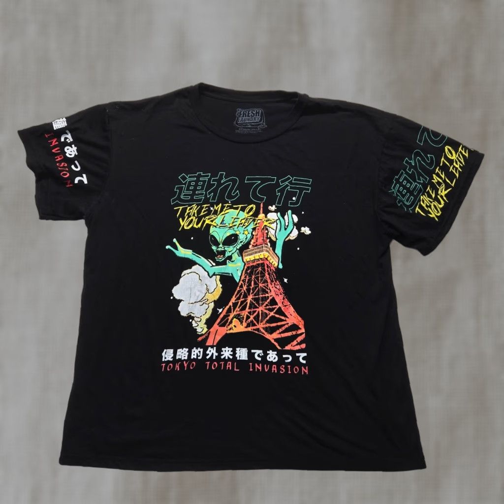 Vintage FRESH LAUNDRY Shirt Men 3XL Black ALIEN TOKYO Crew Neck Short Sleeve 100% Polyester Cotton T-Shirt Size US XXL / EU 58 / 5 - 1 Thumbnail