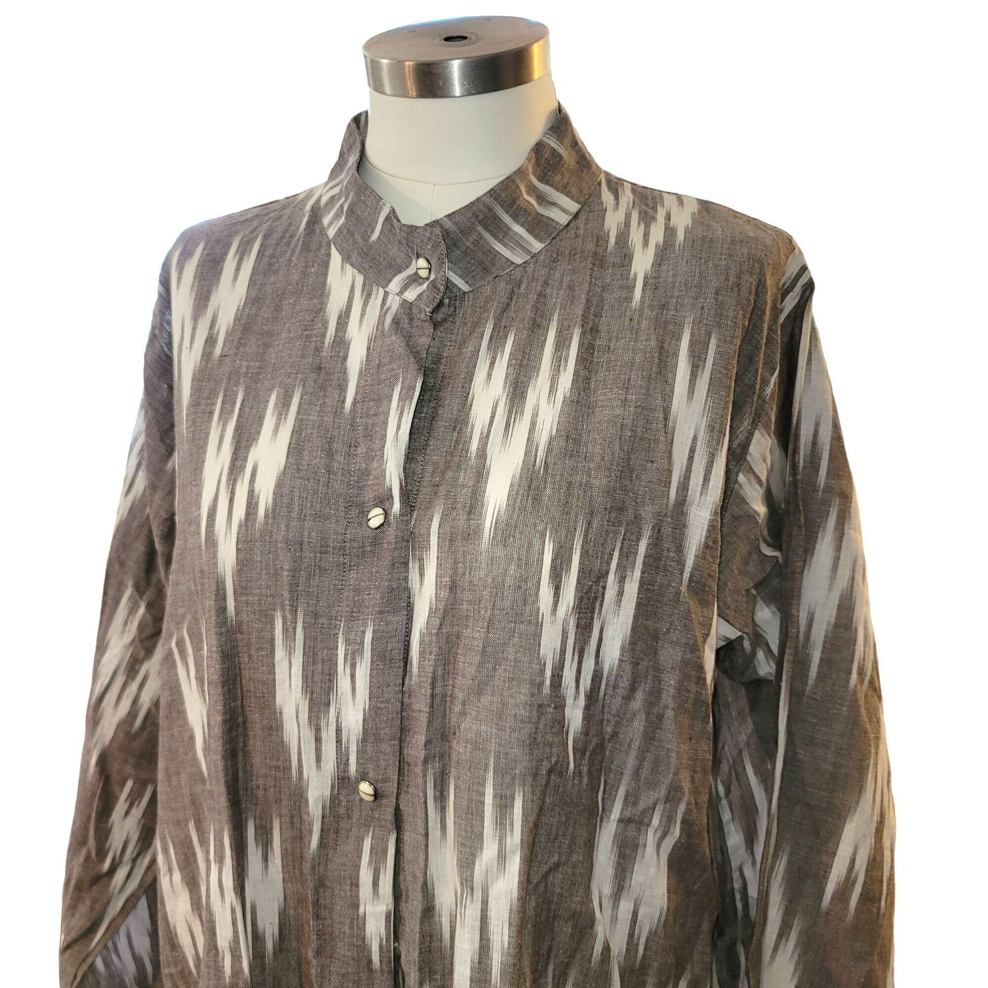 Vintage ZhenNymph Shirt Gray & White Ikat Pattern Button-Down High L Size L / US 10 / IT 46 - 2 Thumbnail