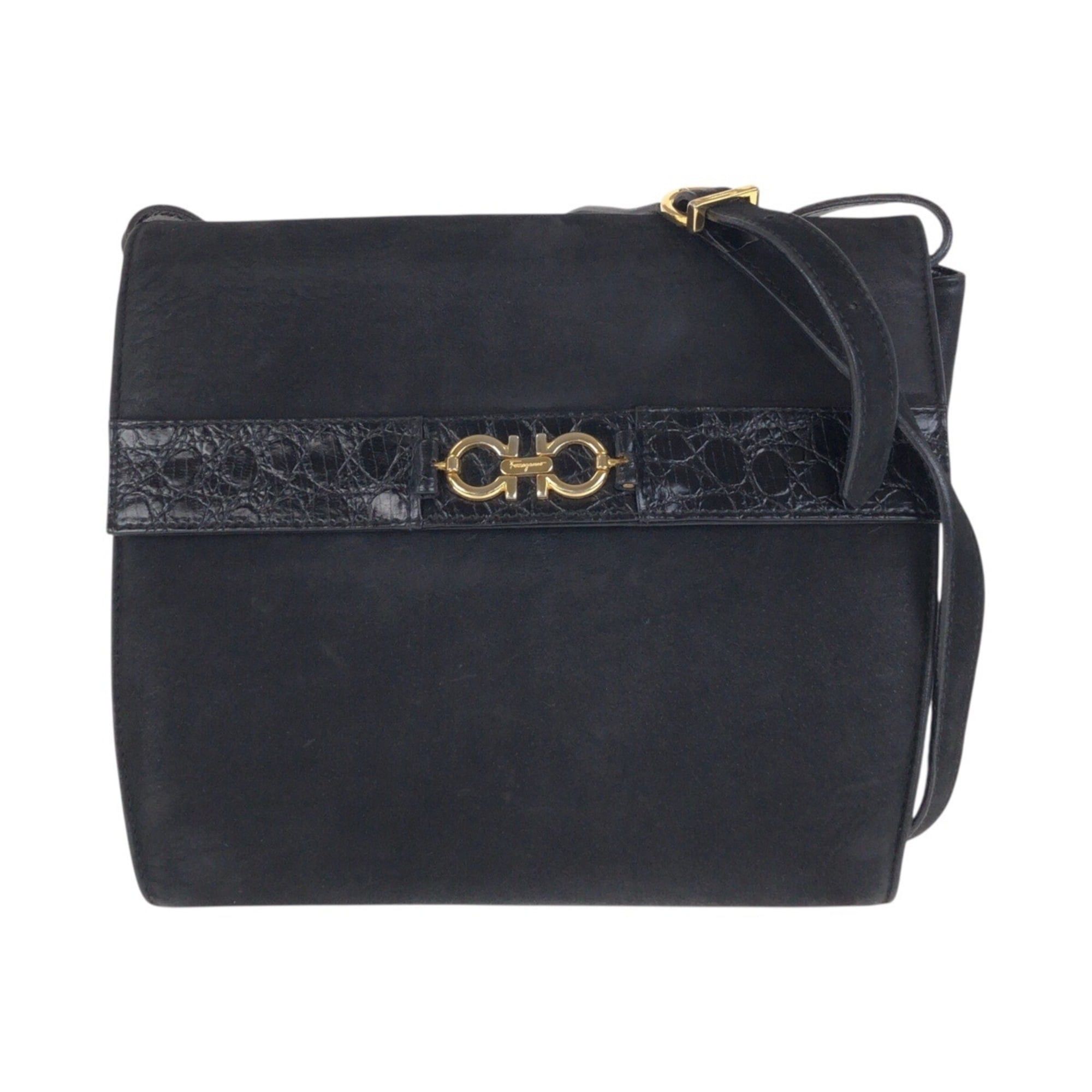 Salvatore Ferragamo Salvatore Ferragamo Gancini Embossed Black Suede Shoulder Bag with Gold Hardware, BA213648, Women's Size ONE SIZE - 1 Thumbnail