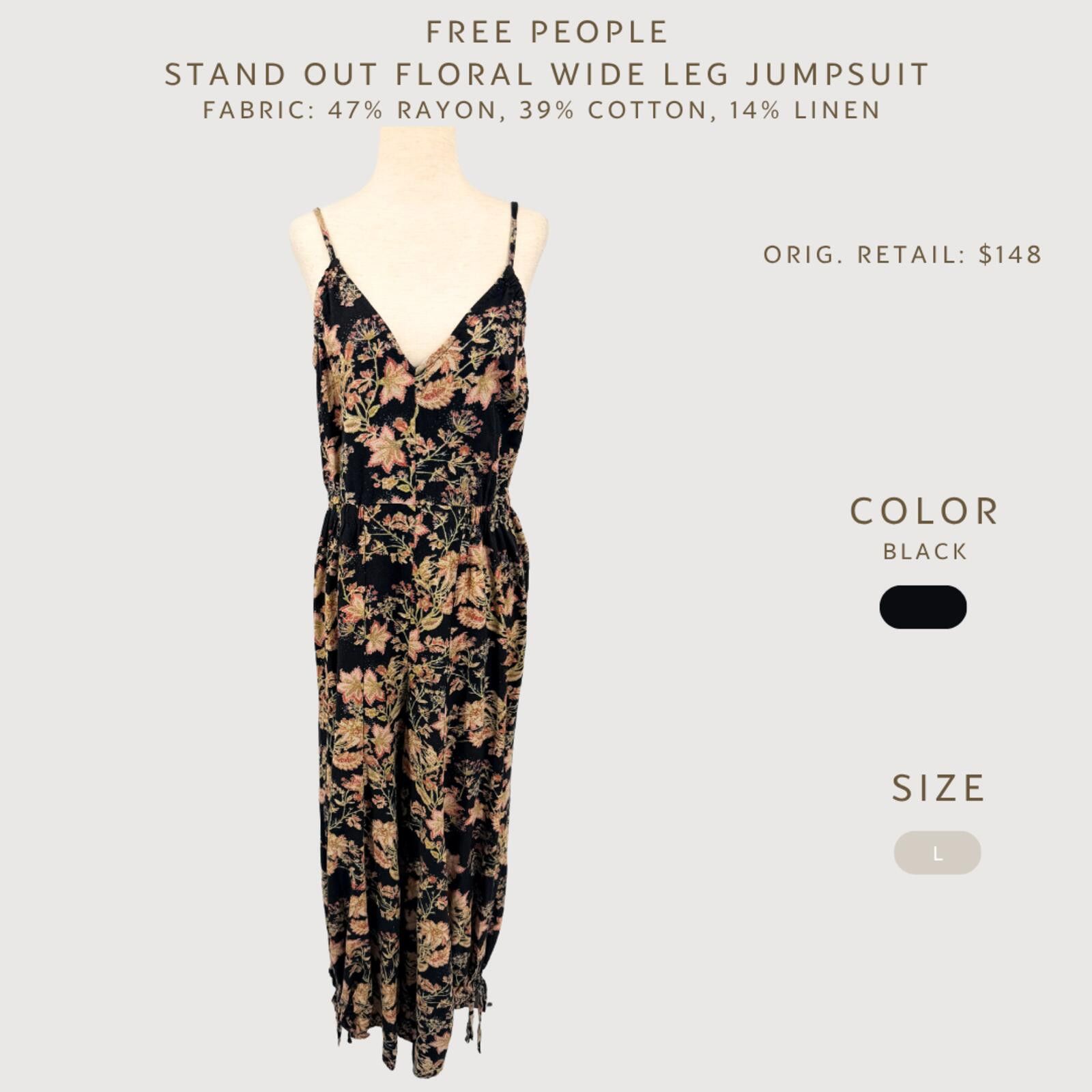 Free People Free People Floral Wide Leg Jumpsuit Black L Size 36" / US 14 / IT 50 - 2 Thumbnail