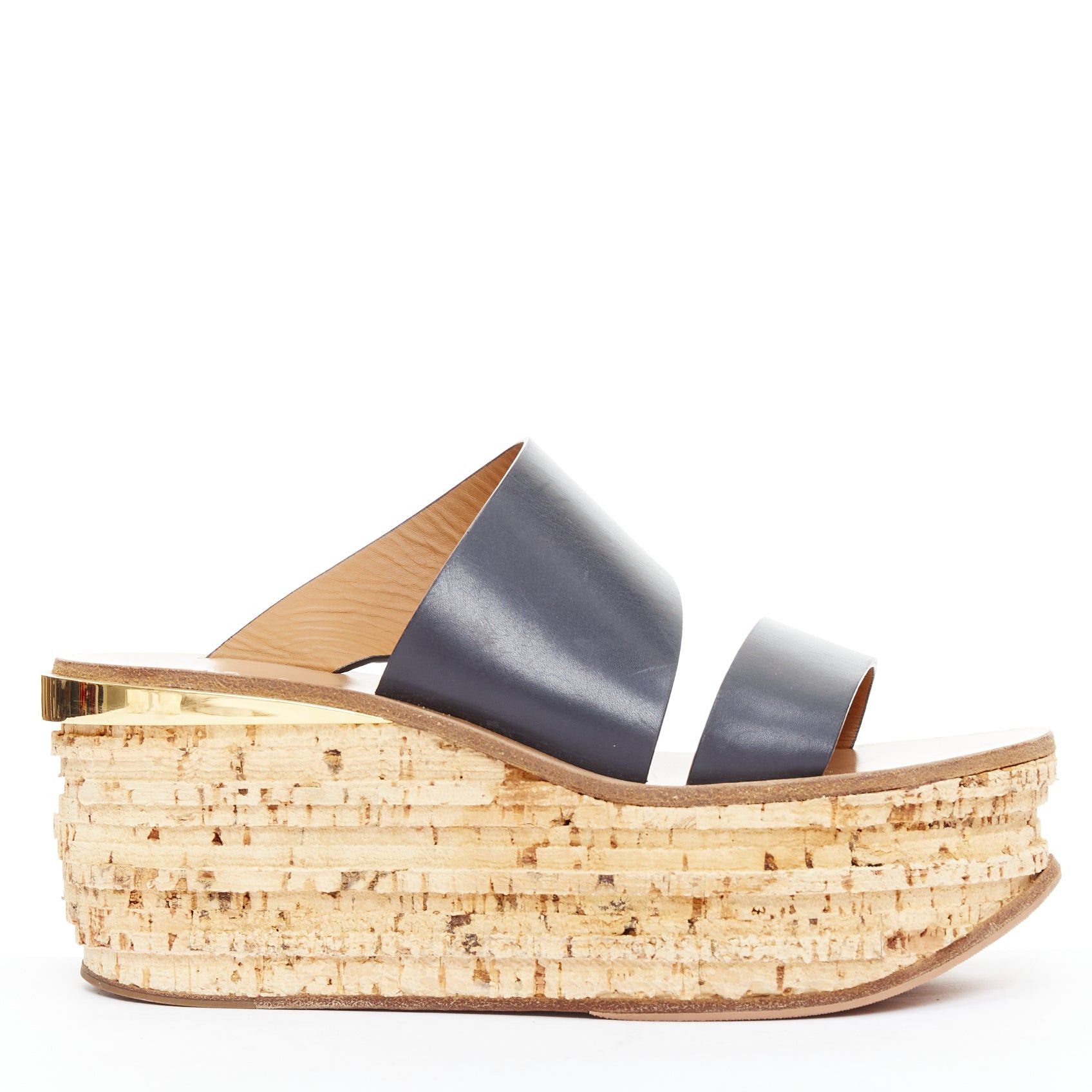 Chloe CHLOE navy leather brown cork platform wedge sandals EU37 Size US 7 / IT 37 - 1 Thumbnail