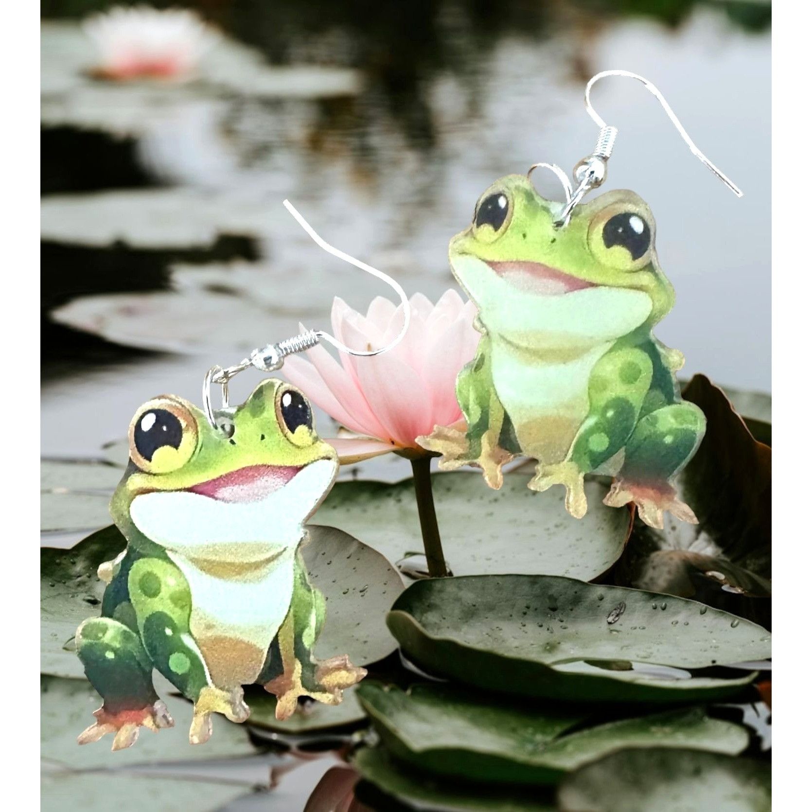 Handmade Frog Earrings New Dangle Hooks Green Double Sided Horny Toad Size ONE SIZE - 1 Thumbnail