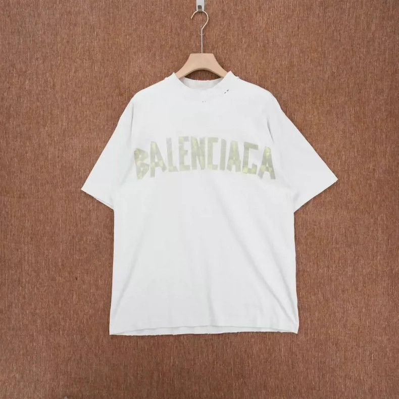 Balenciaga Balenciaga White Distressed Front Back Tape Logo Short Sle Size US S / EU 44-46 / 1 - 1 Thumbnail