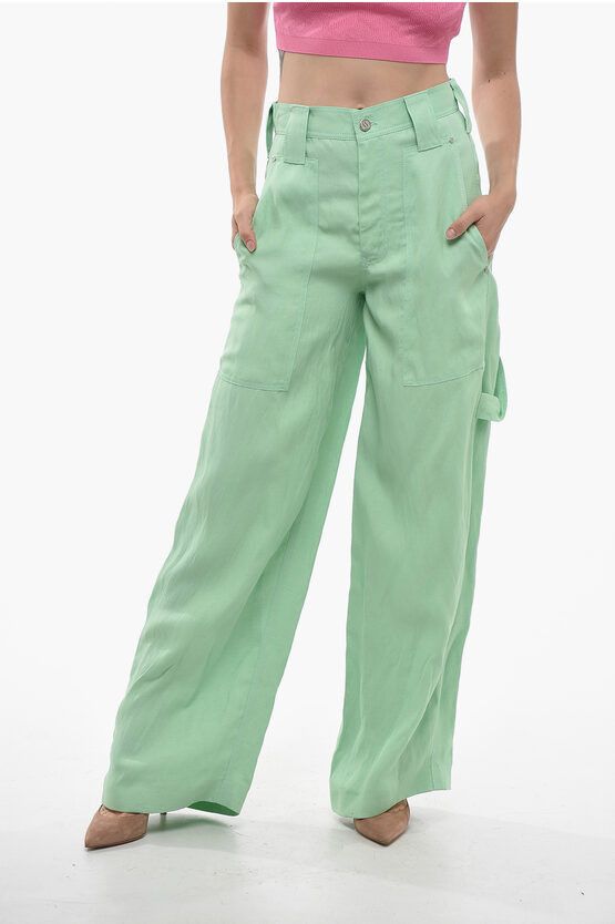 image of Stella Mccartney Baggy Fit Flax Blend Cargo Pants in Green, Women's (Size 26)