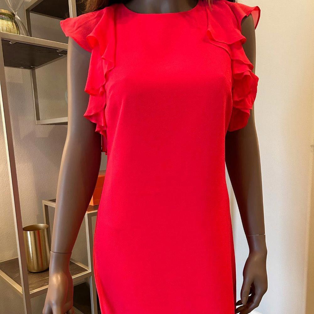 Designer Trina Turk Amanda Chiffon Ruffle Cold Shoulder Sheath Dress Size XS / US 0-2 / IT 36-38 - 2 Thumbnail